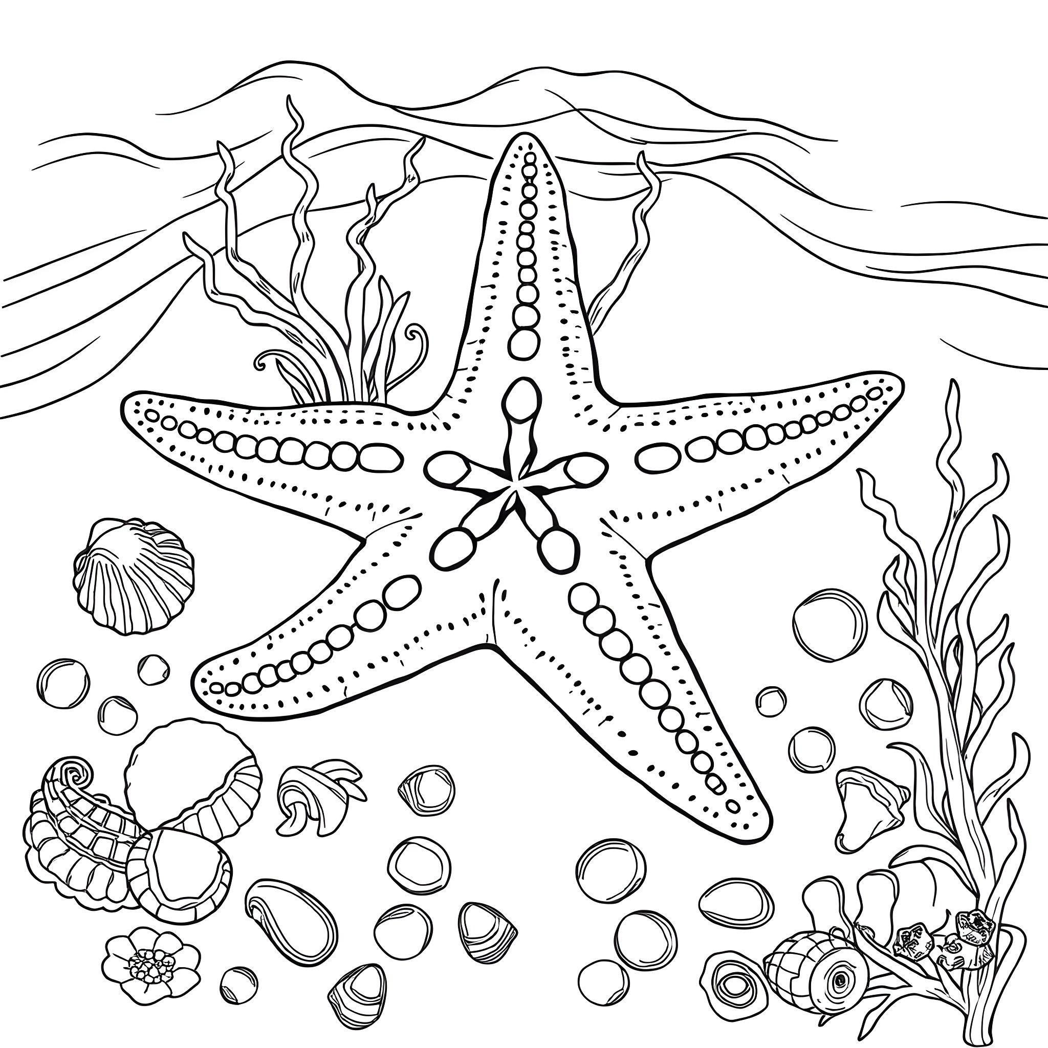 Starfish in the ocean with seashells and coral Coloring Page (free black-and-white line drawing printable PDF for all, from beginners to advanced learners, including children, teens, adults, and seniors)