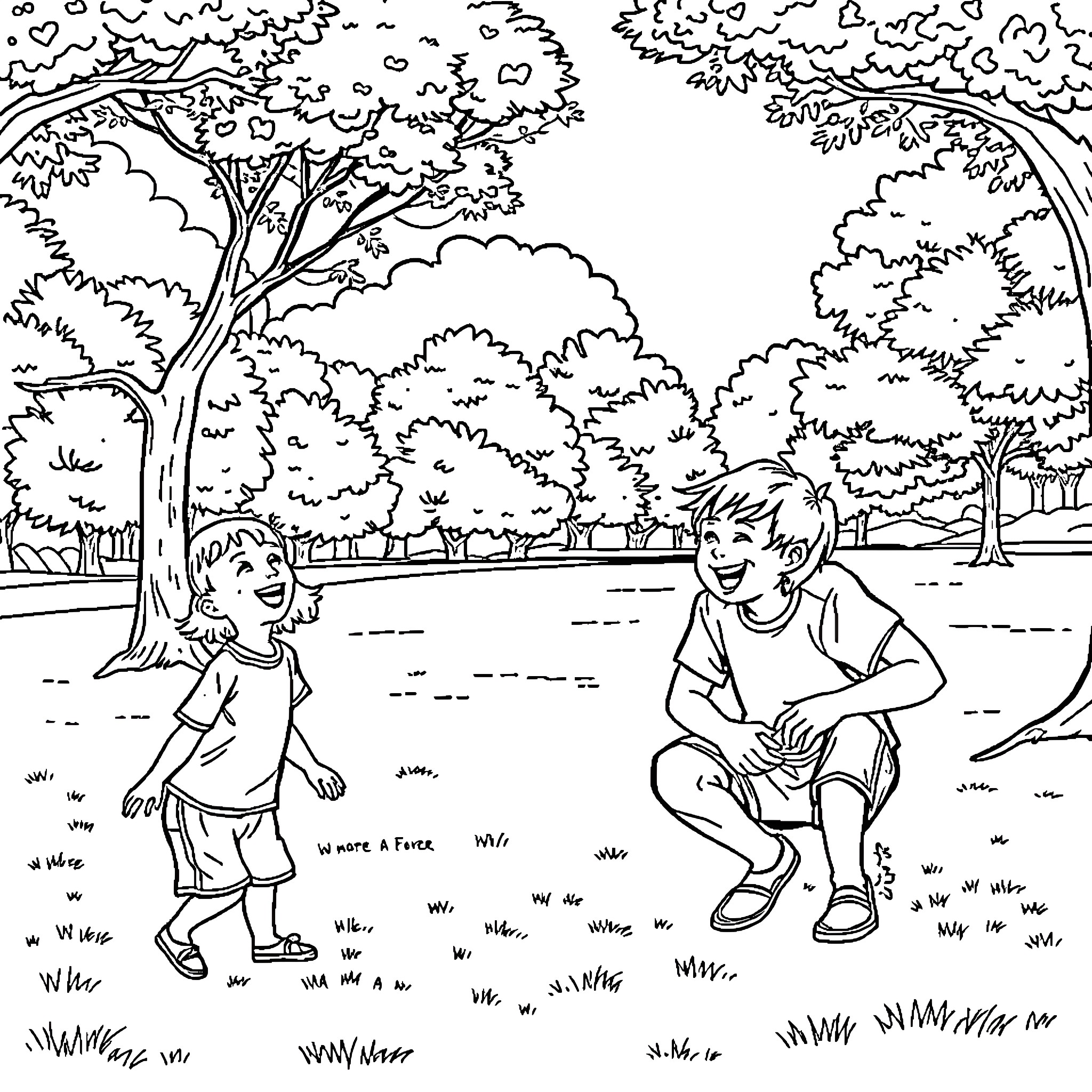 Kid playing and exploring nature outdoors Coloring Page (free black-and-white line drawing printable PDF for all, from beginners to advanced learners, including children, teens, adults, and seniors)