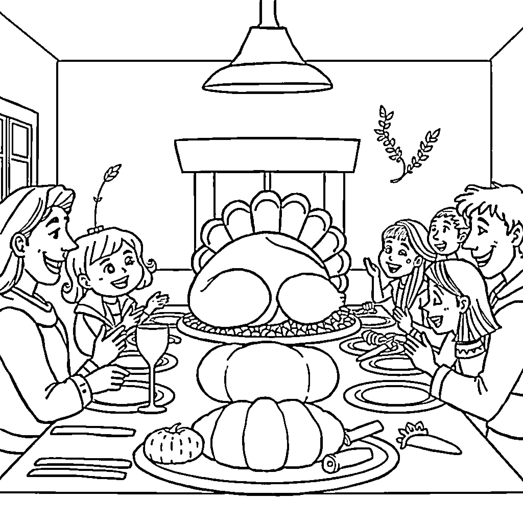 Thanksgiving Family Gathering with Festive Meal Coloring Page (free black-and-white line drawing printable PDF for all, from beginners to advanced learners, including children, teens, adults, and seniors)