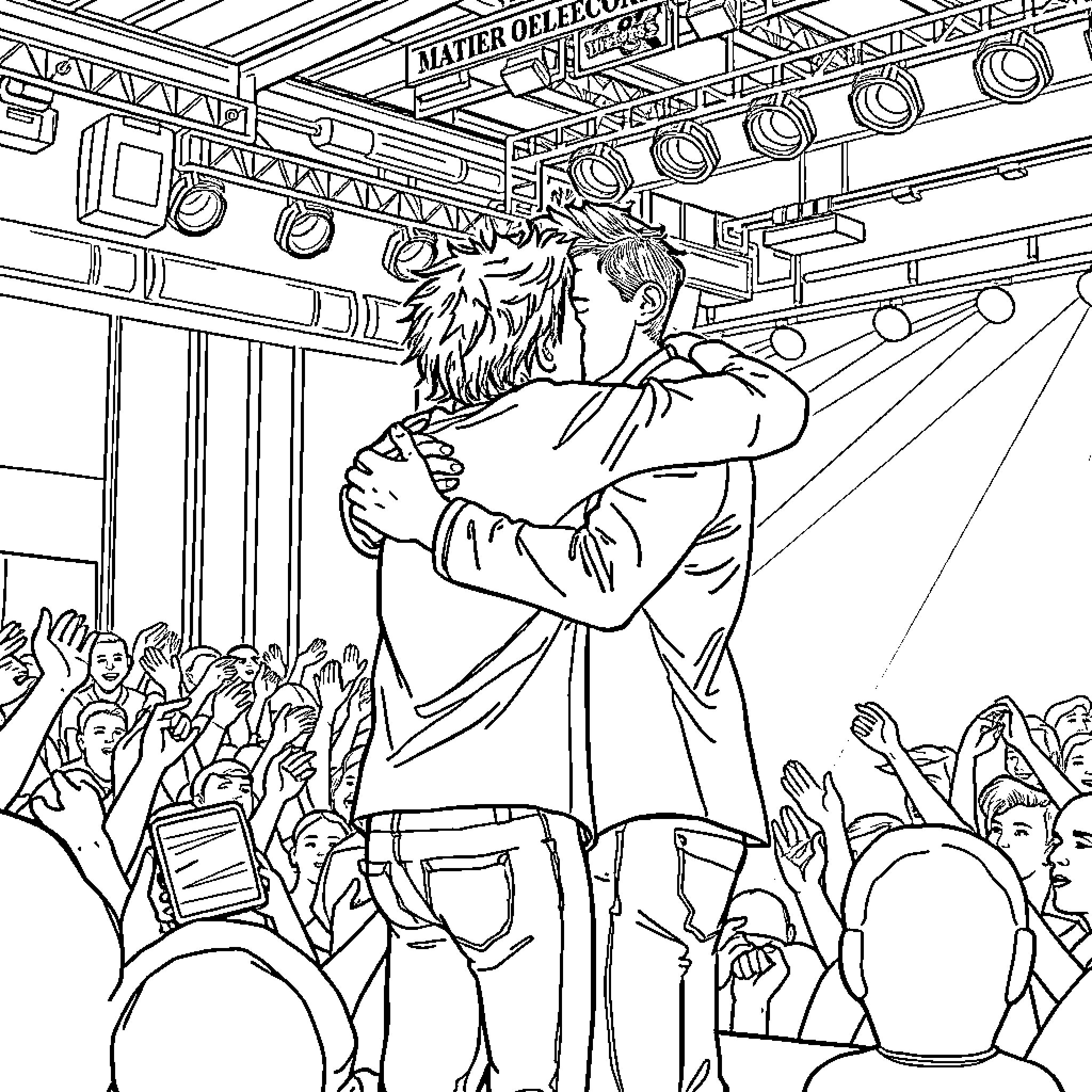 Harry Styles embracing fan on stage during energetic performance Coloring Page (free black-and-white line drawing printable PDF for all, from beginners to advanced learners, including children, teens, adults, and seniors)