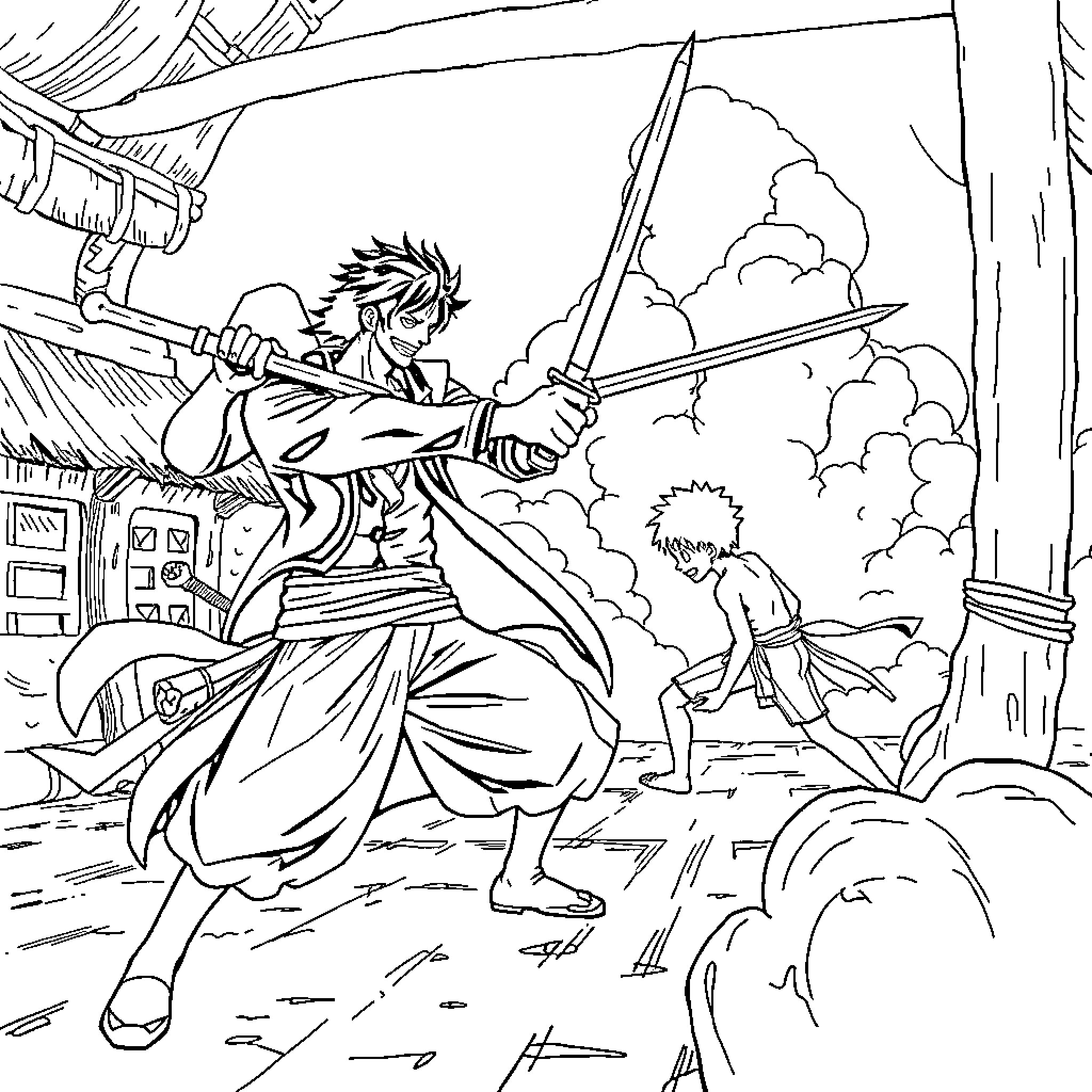 Roronoa Zoro wielding multiple swords in a battle stance Coloring Page (free black-and-white line drawing printable PDF for all, from beginners to advanced learners, including children, teens, adults, and seniors)