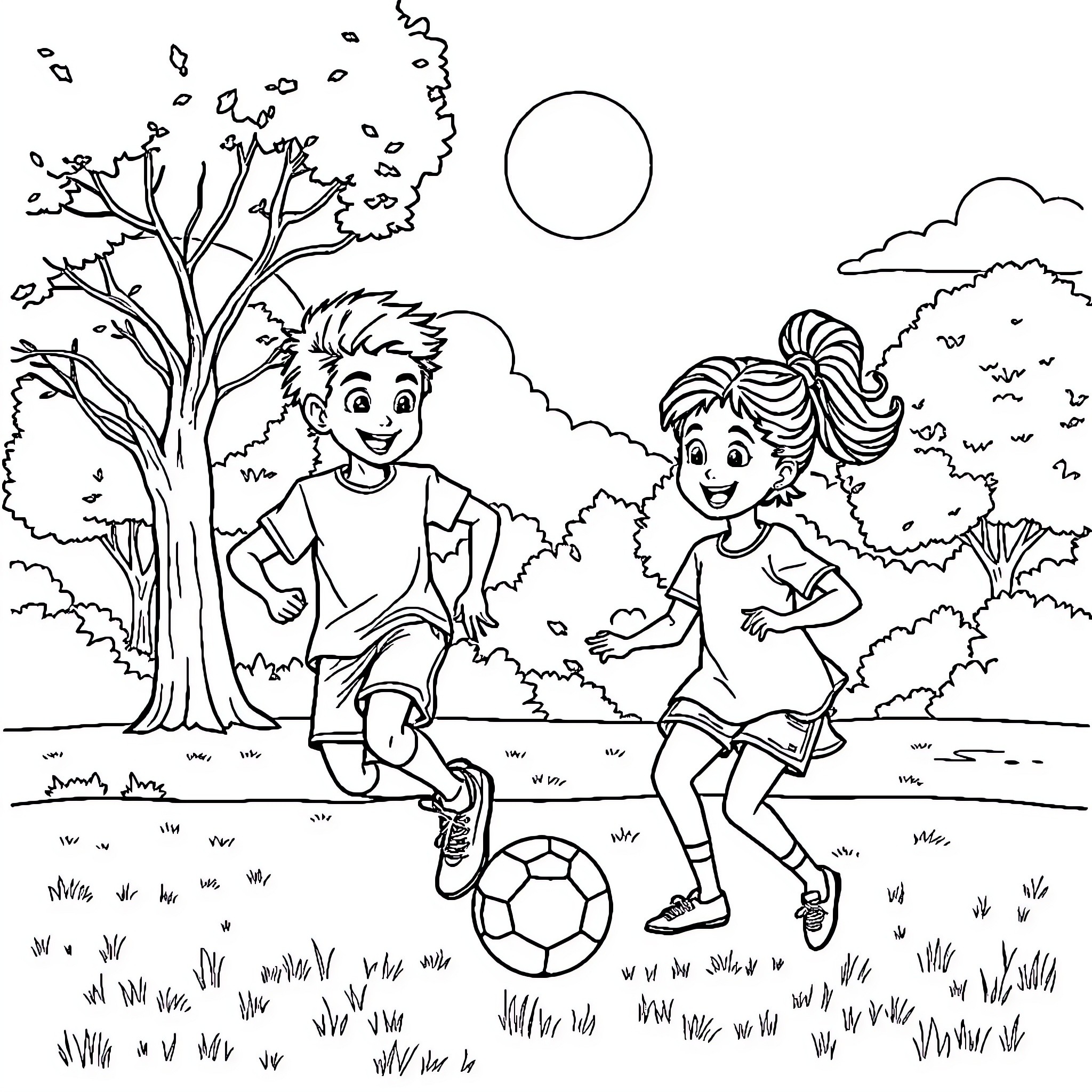 Football players enjoying outdoor recreation Coloring Page (free black-and-white line drawing printable PDF for all, from beginners to advanced learners, including children, teens, adults, and seniors)
