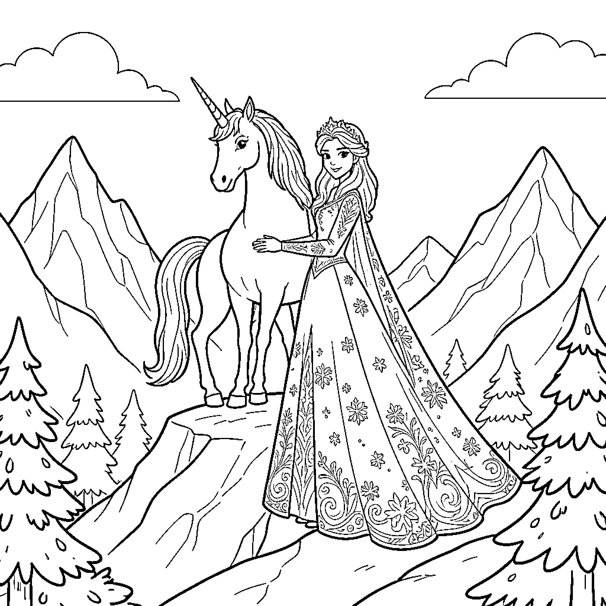 Reine standing gracefully beside a unicorn in the mountains Coloring Page (free black-and-white line drawing printable PDF for all, from beginners to advanced learners, including children, teens, adults, and seniors)