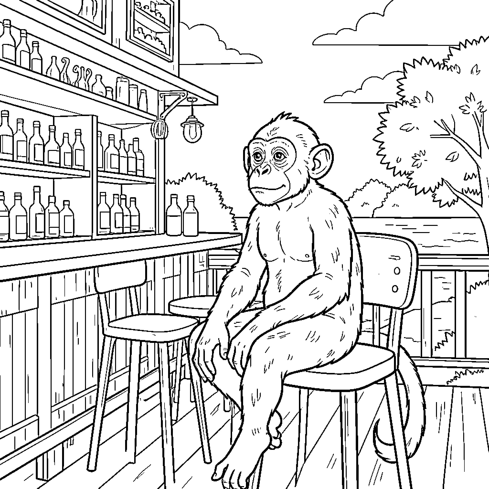 Singe sitting calmly on a bar stool Coloring Page (free black-and-white line drawing printable PDF for all, from beginners to advanced learners, including children, teens, adults, and seniors)