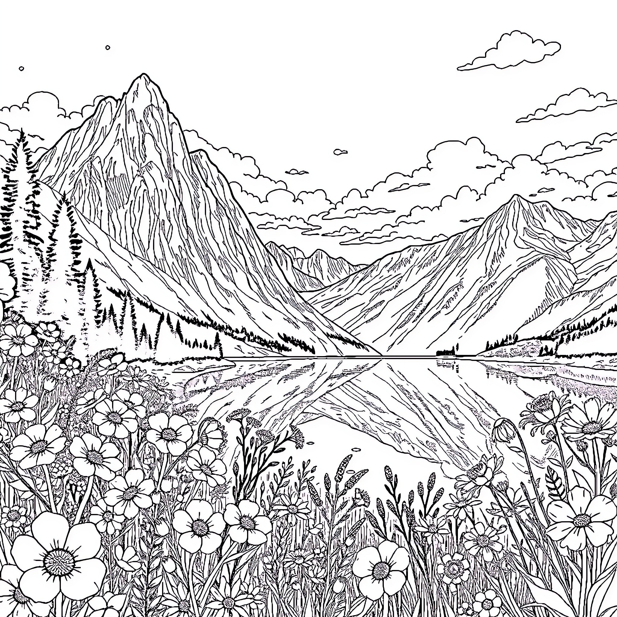 Floral Landscape with Majestic Mountains Coloring Page (free black-and-white line drawing printable PDF for all, from beginners to advanced learners, including children, teens, adults, and seniors)