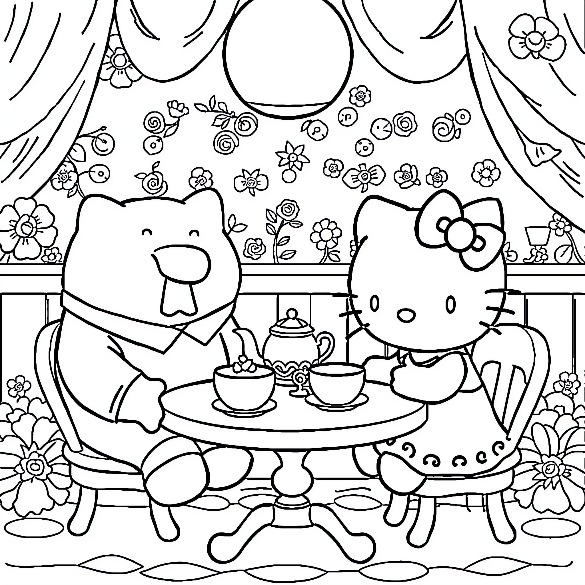Hello Kitty and Friends Enjoying a Tea Party Coloring Page (free black-and-white line drawing printable PDF for all, from beginners to advanced learners, including children, teens, adults, and seniors)