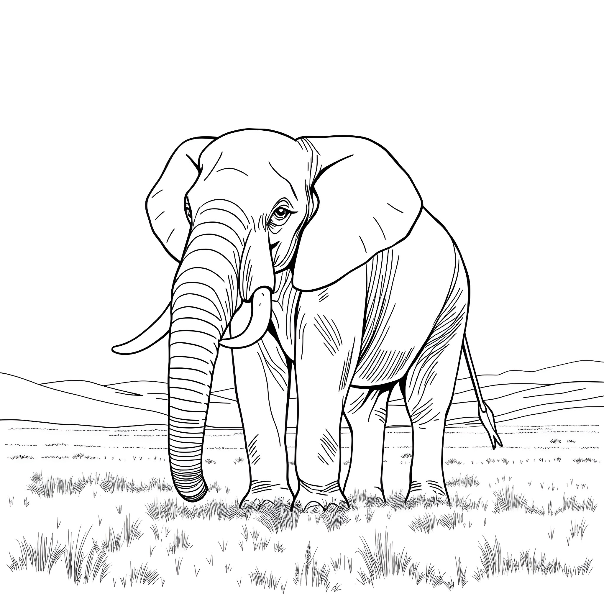 Elephant standing in the wild Coloring Page (free black-and-white line drawing printable PDF for all, from beginners to advanced learners, including children, teens, adults, and seniors)