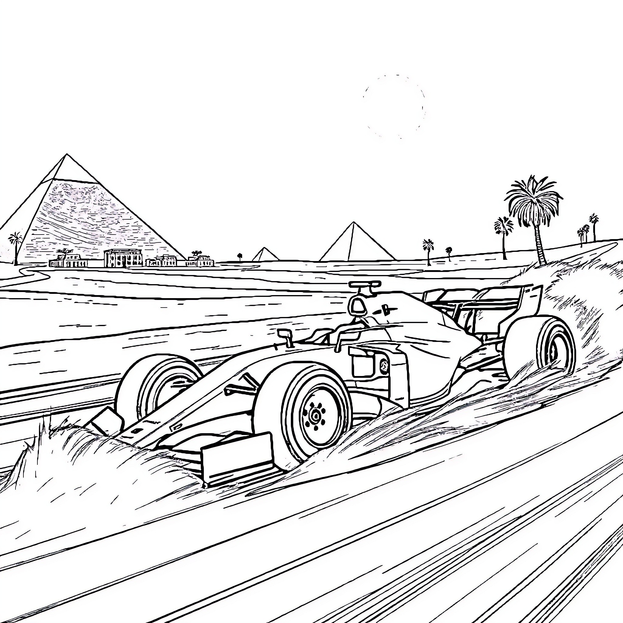 Formula 1 Car Racing Through Desert Landscape Coloring Page (free black-and-white line drawing printable PDF for all, from beginners to advanced learners, including children, teens, adults, and seniors)