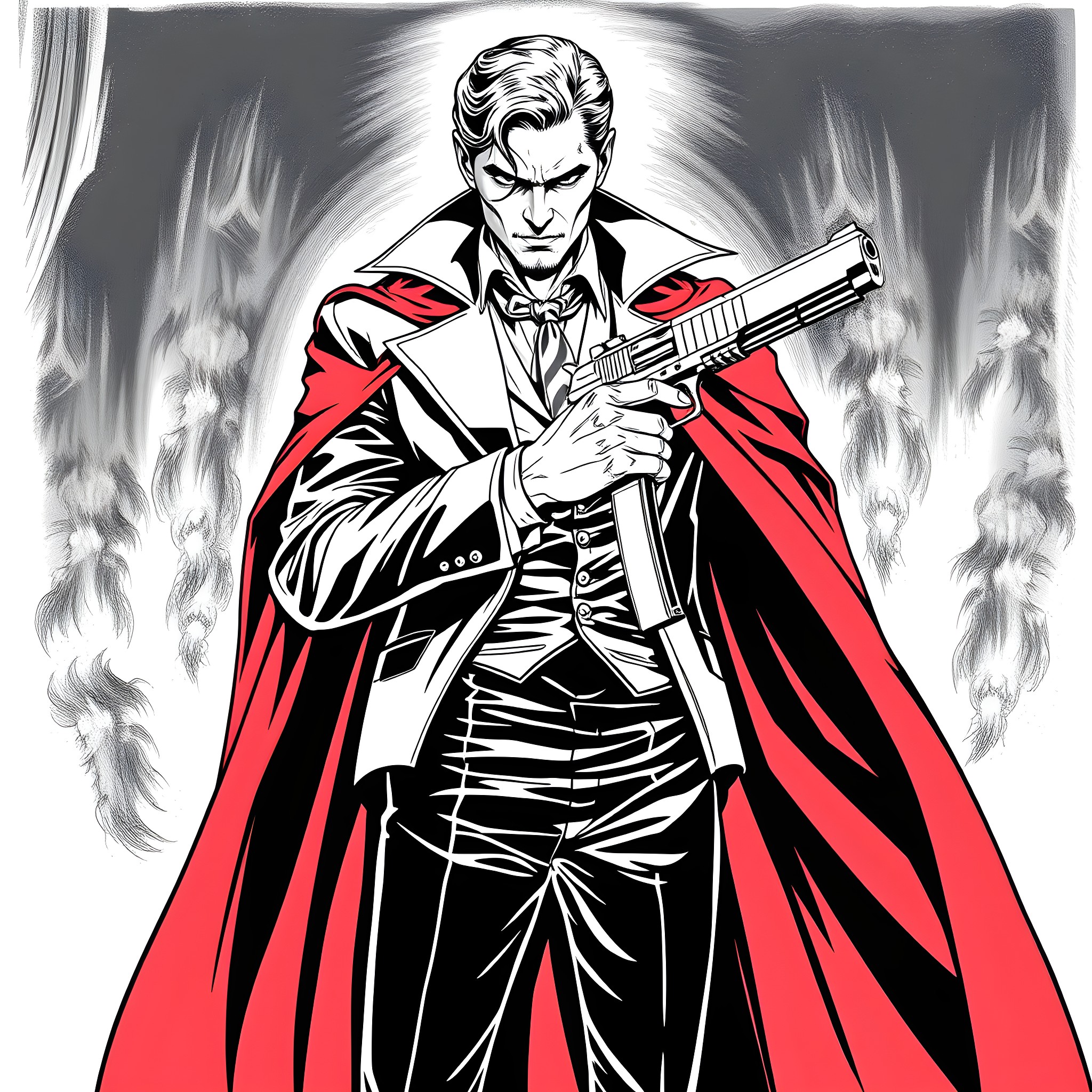 Vincent Valentine in a dramatic pose with a gun Coloring Page (free black-and-white line drawing printable PDF for all, from beginners to advanced learners, including children, teens, adults, and seniors)