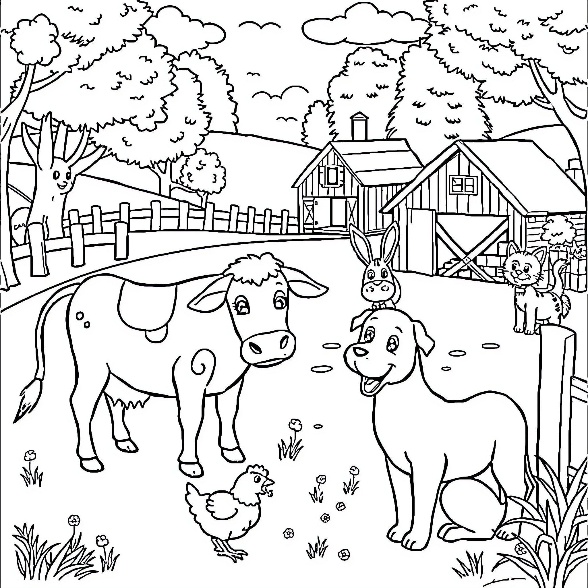 Farm Animal Friends on the Countryside Coloring Page (free black-and-white line drawing printable PDF for all, from beginners to advanced learners, including children, teens, adults, and seniors)