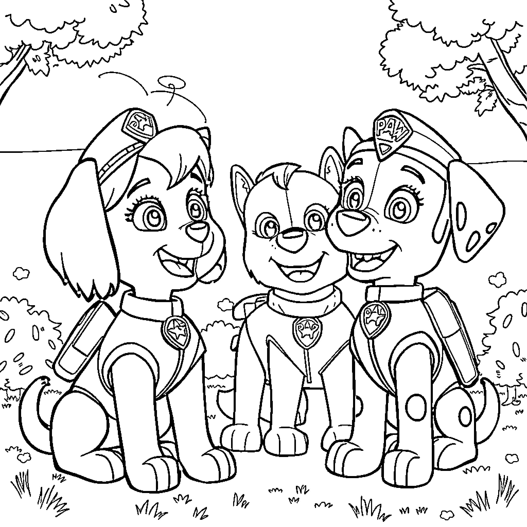 Gaby and Pups on an Adventure Coloring Page (free black-and-white line drawing printable PDF for all, from beginners to advanced learners, including children, teens, adults, and seniors)
