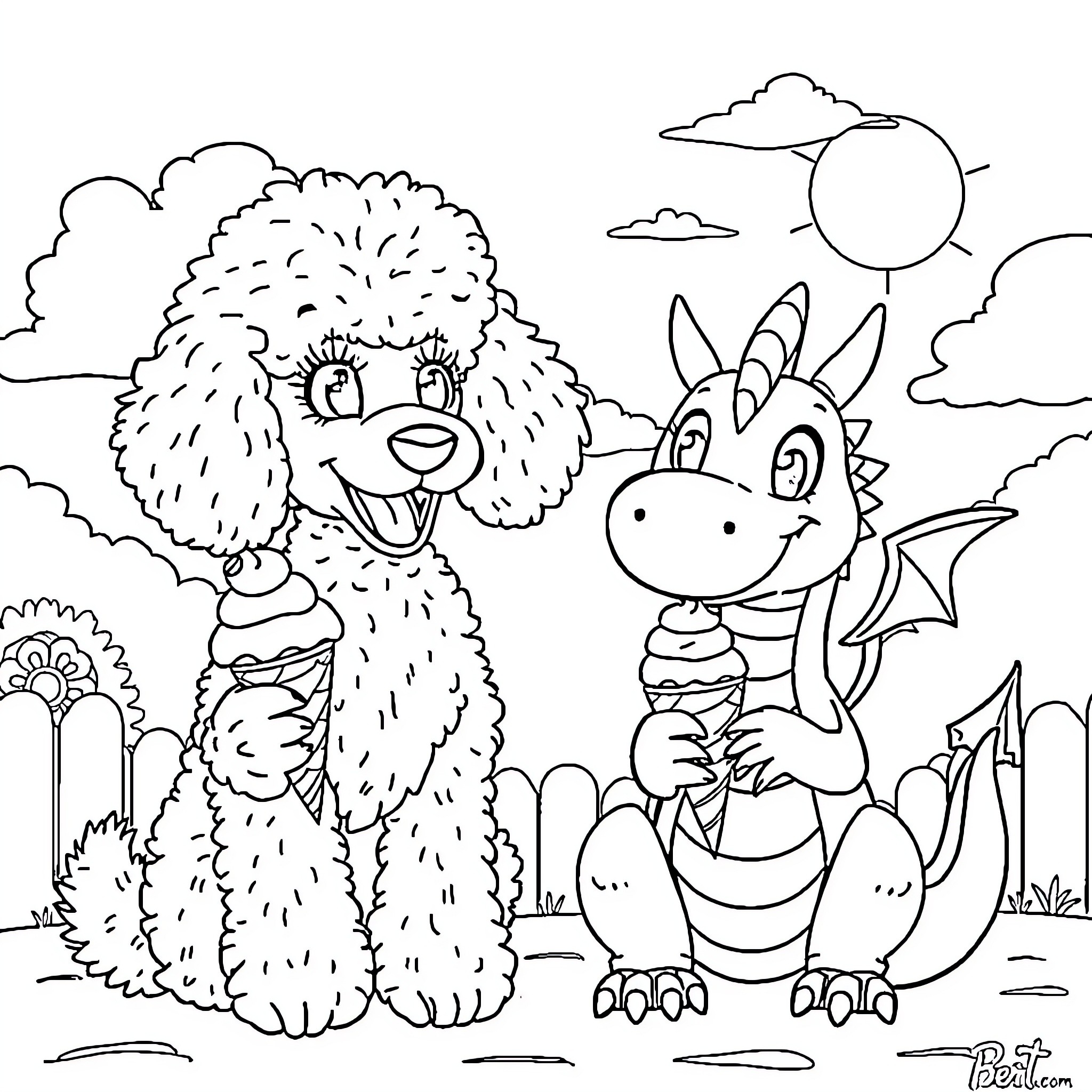 Poodle playing with a dragon in the park Coloring Page (free black-and-white line drawing printable PDF for all, from beginners to advanced learners, including children, teens, adults, and seniors)