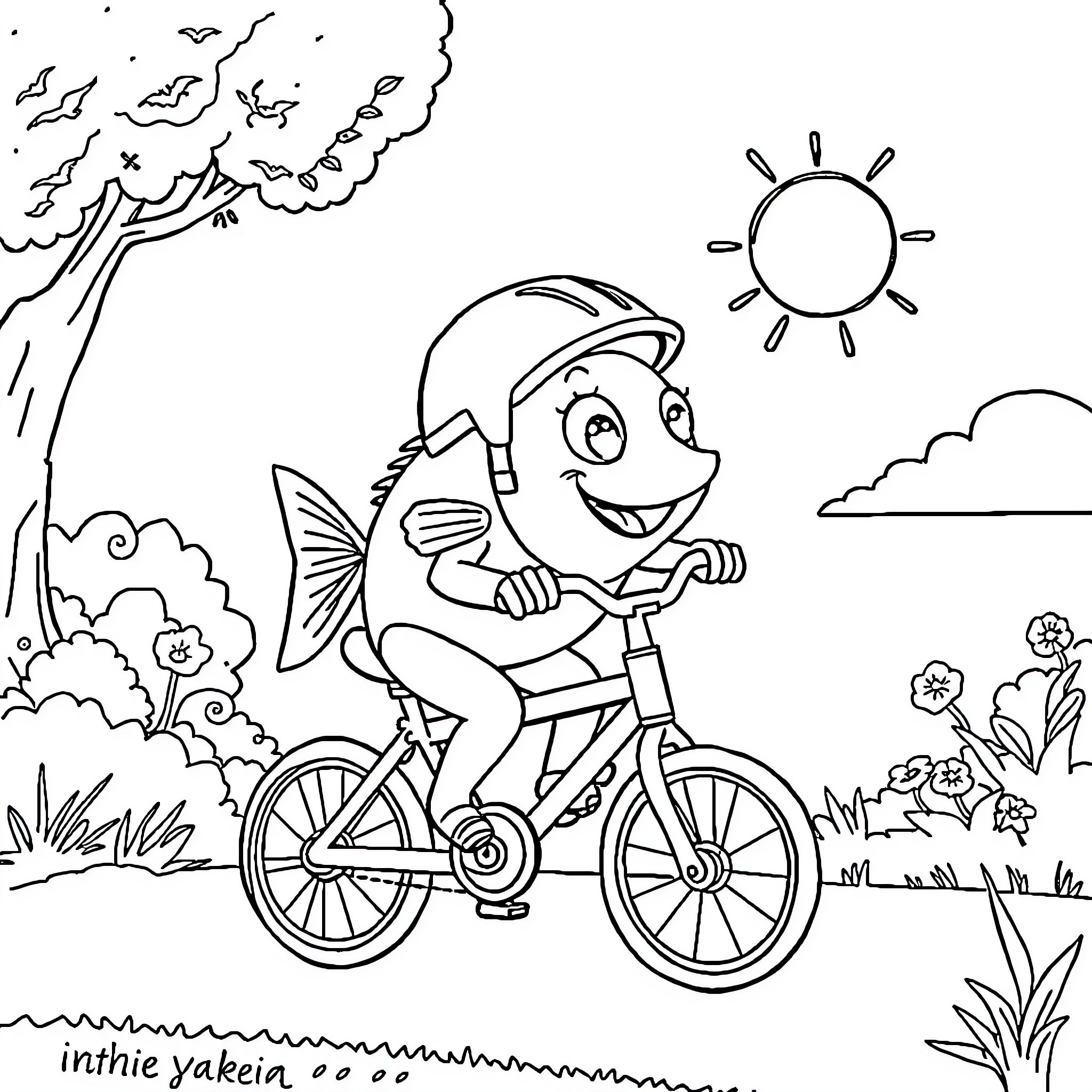 Fish riding a bicycle in the park Coloring Page (free black-and-white line drawing printable PDF for all, from beginners to advanced learners, including children, teens, adults, and seniors)