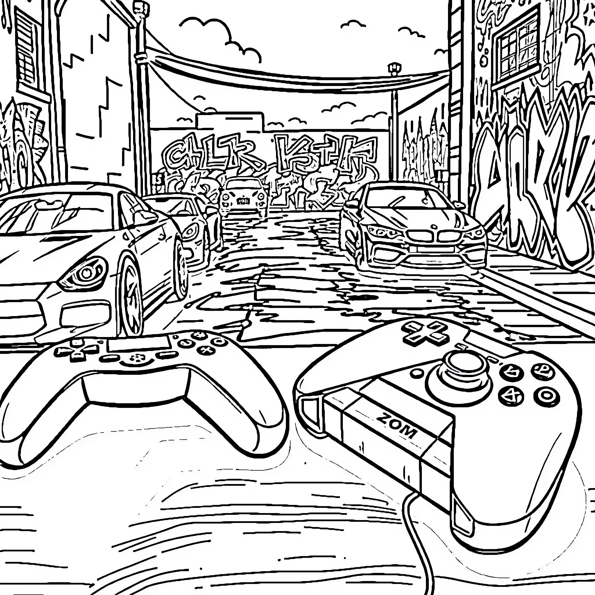 Controller Engaging in Street Gaming Coloring Page (free black-and-white line drawing printable PDF for all, from beginners to advanced learners, including children, teens, adults, and seniors)