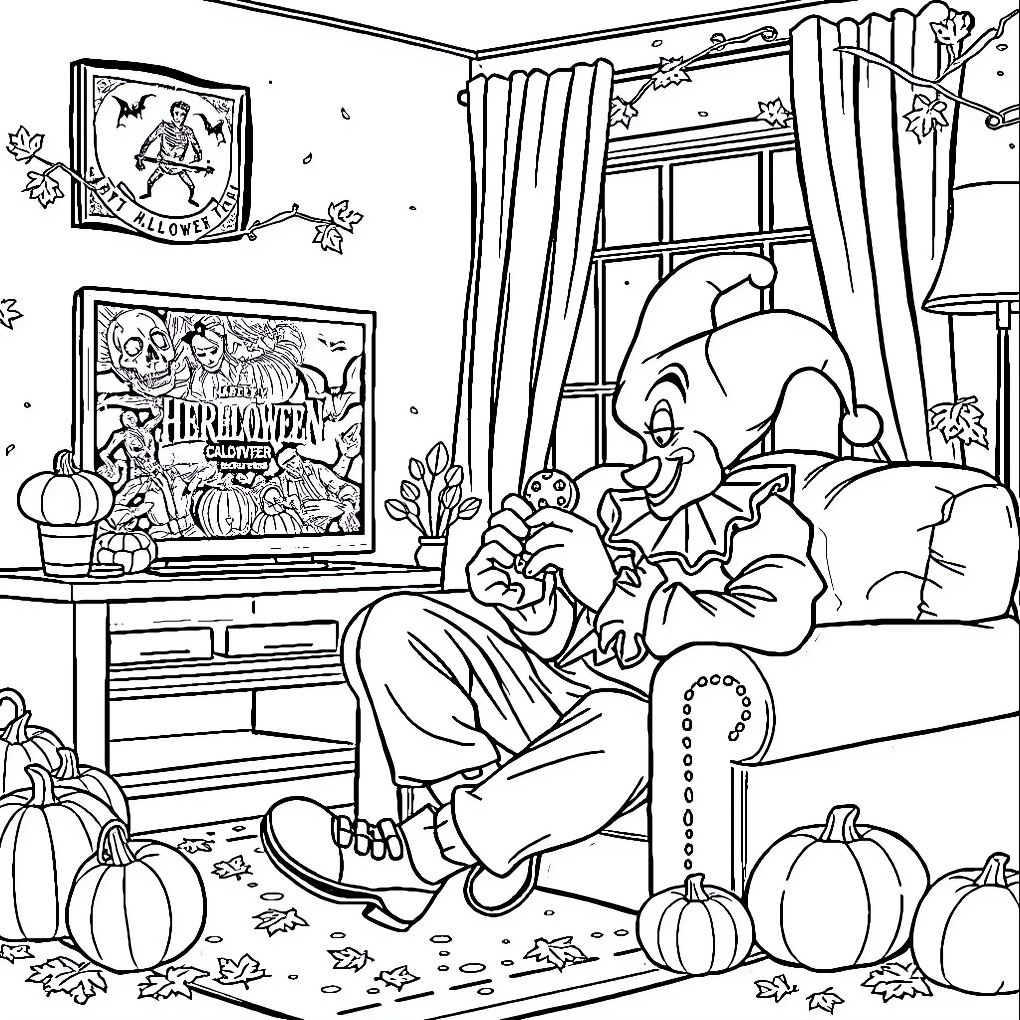 Art depicting a cozy Halloween-themed living room Coloring Page (free black-and-white line drawing printable PDF for all, from beginners to advanced learners, including children, teens, adults, and seniors)