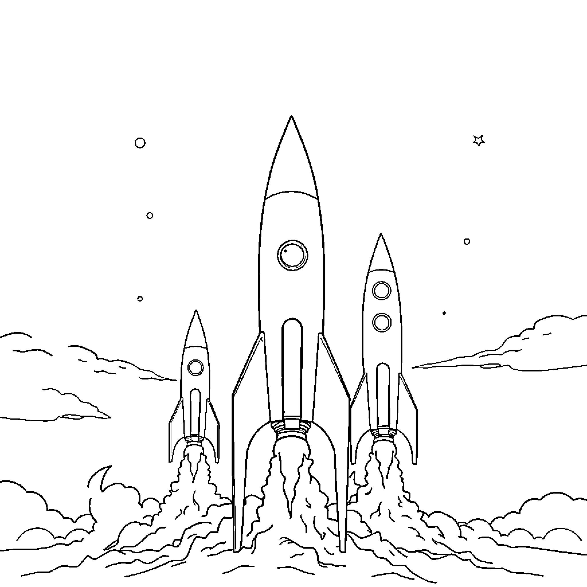 Rocket Launches Soar into the Cosmos Coloring Page (free black-and-white line drawing printable PDF for all, from beginners to advanced learners, including children, teens, adults, and seniors)