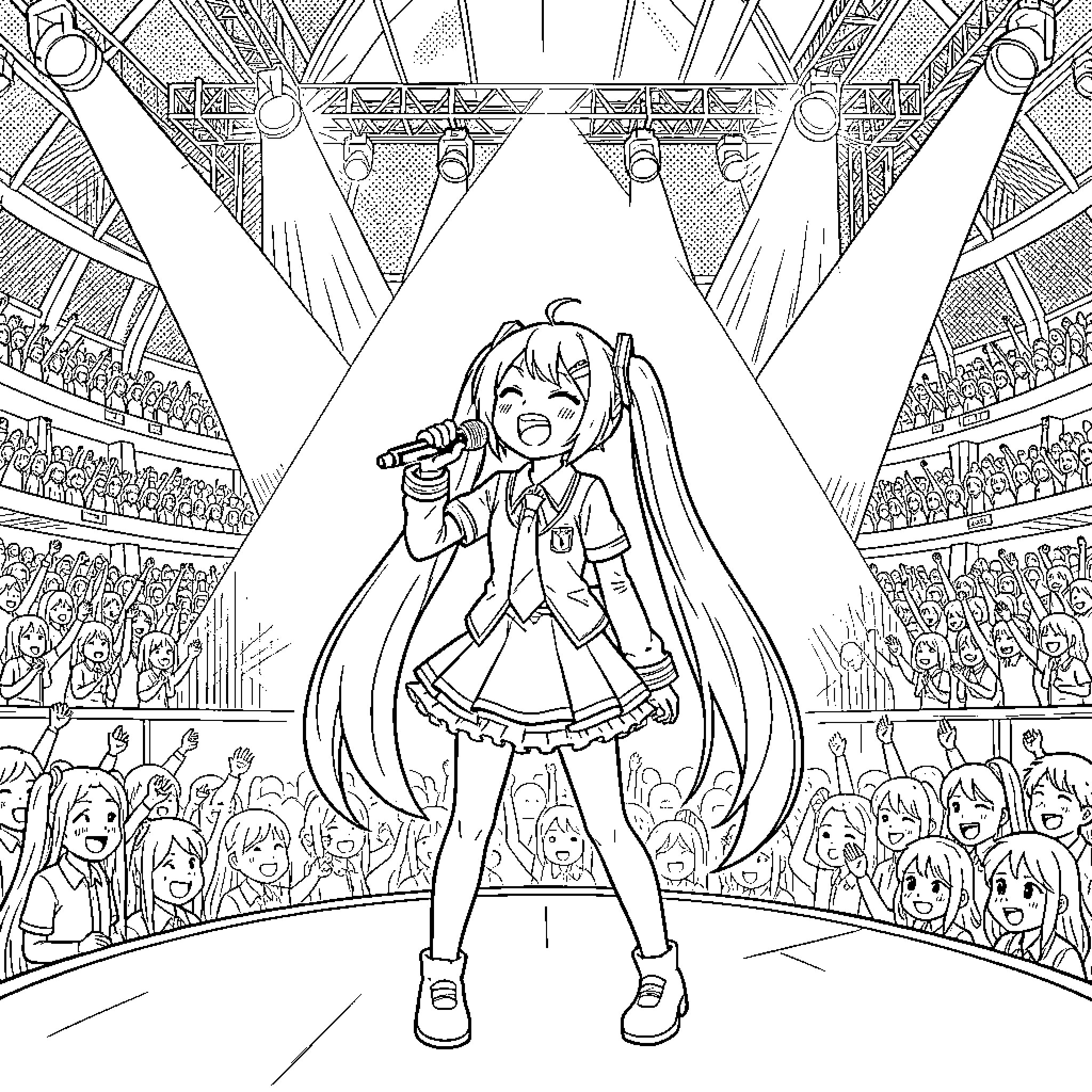 Miku singing energetically on a concert stage Coloring Page (free black-and-white line drawing printable PDF for all, from beginners to advanced learners, including children, teens, adults, and seniors)