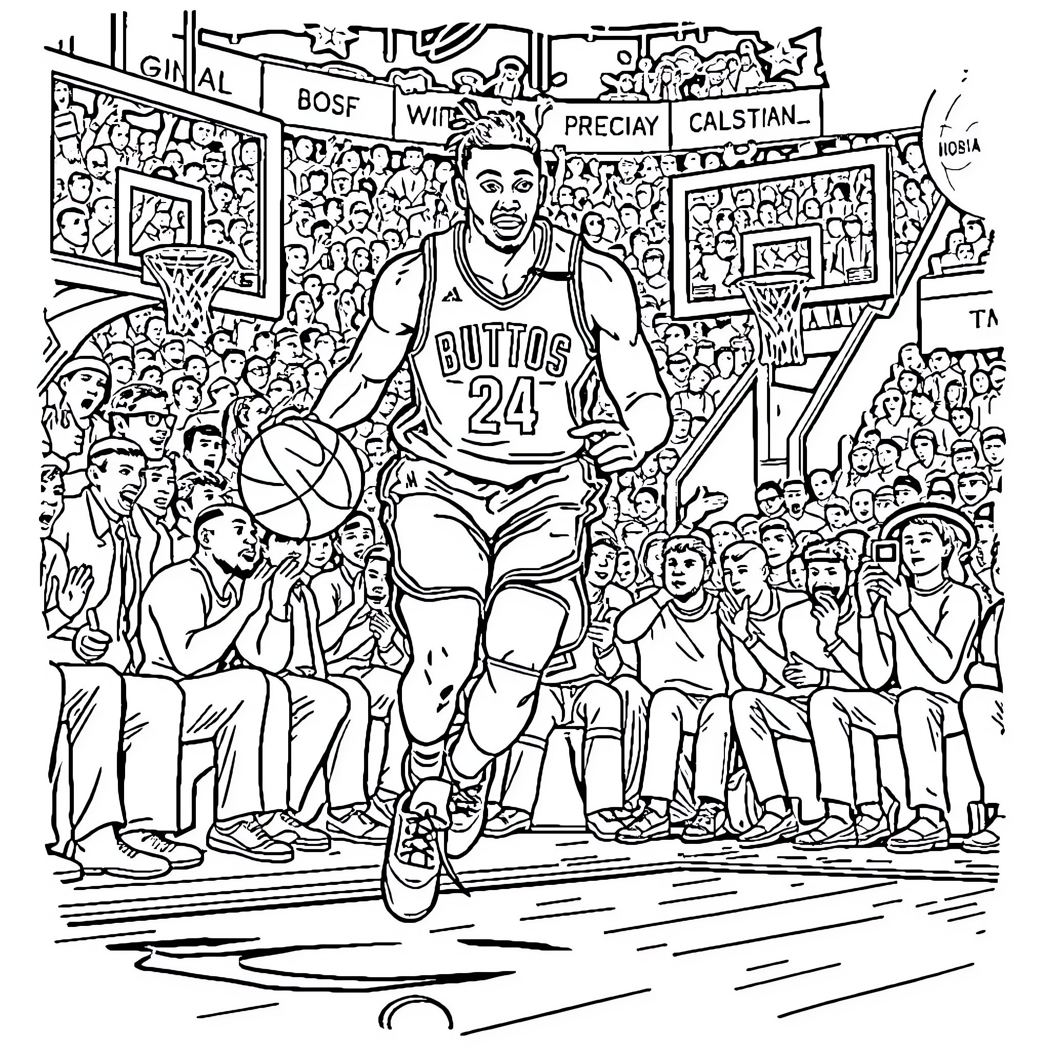 Giannis Antetokounmpo Playing Basketball Amidst Enthusiastic Crowd Coloring Page (free black-and-white line drawing printable PDF for all, from beginners to advanced learners, including children, teens, adults, and seniors)