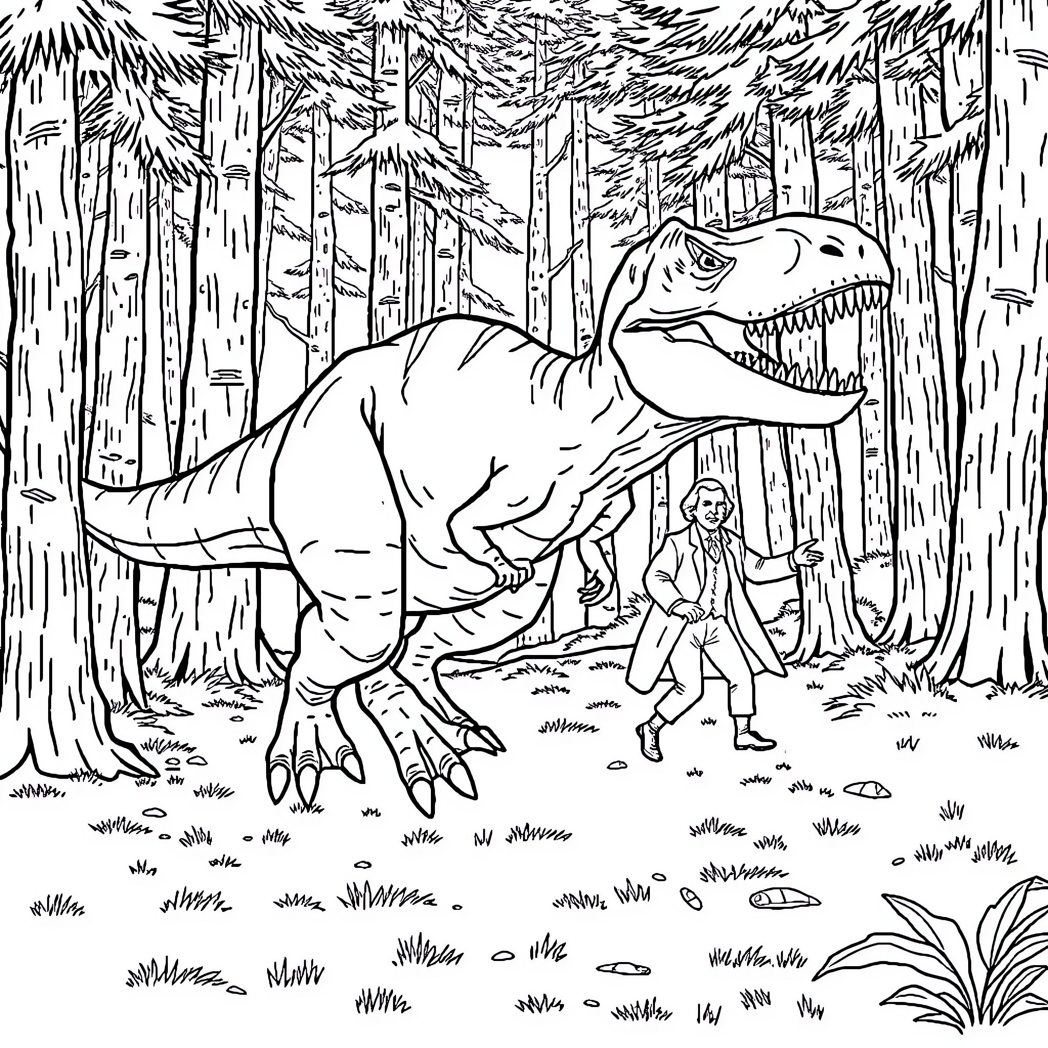 T-Rex Terrifying Explorers in Lush Forest Coloring Page (free black-and-white line drawing printable PDF for all, from beginners to advanced learners, including children, teens, adults, and seniors)