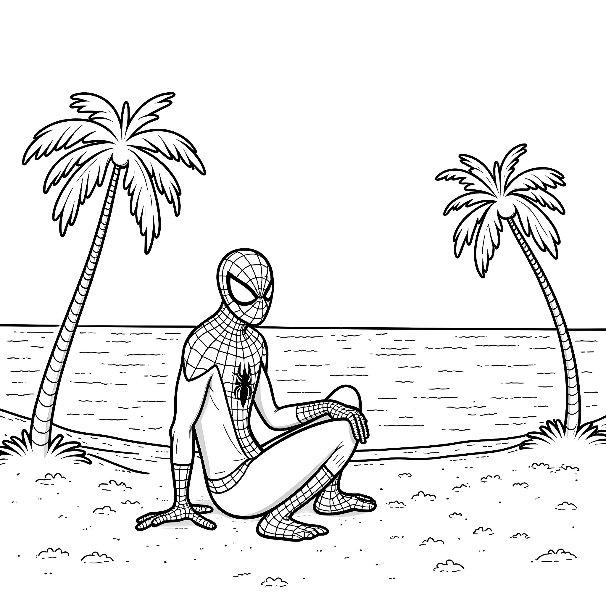 Spiderman enjoying a relaxing day at the beach Coloring Page (free black-and-white line drawing printable PDF for all, from beginners to advanced learners, including children, teens, adults, and seniors)