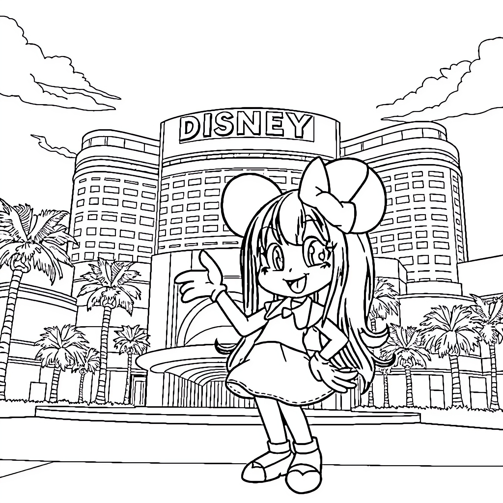 Kuromi's Delightful Adventure at Disney Resort Coloring Page (free black-and-white line drawing printable PDF for all, from beginners to advanced learners, including children, teens, adults, and seniors)