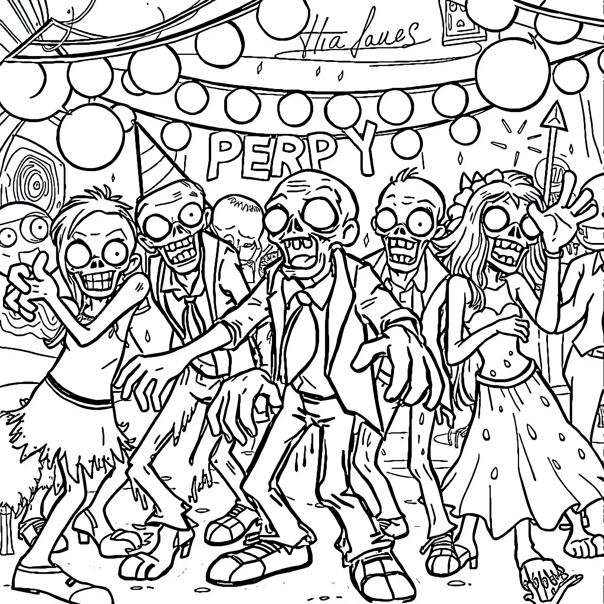 Zombie Party Celebration with Festive Decorations Coloring Page (free black-and-white line drawing printable PDF for all, from beginners to advanced learners, including children, teens, adults, and seniors)