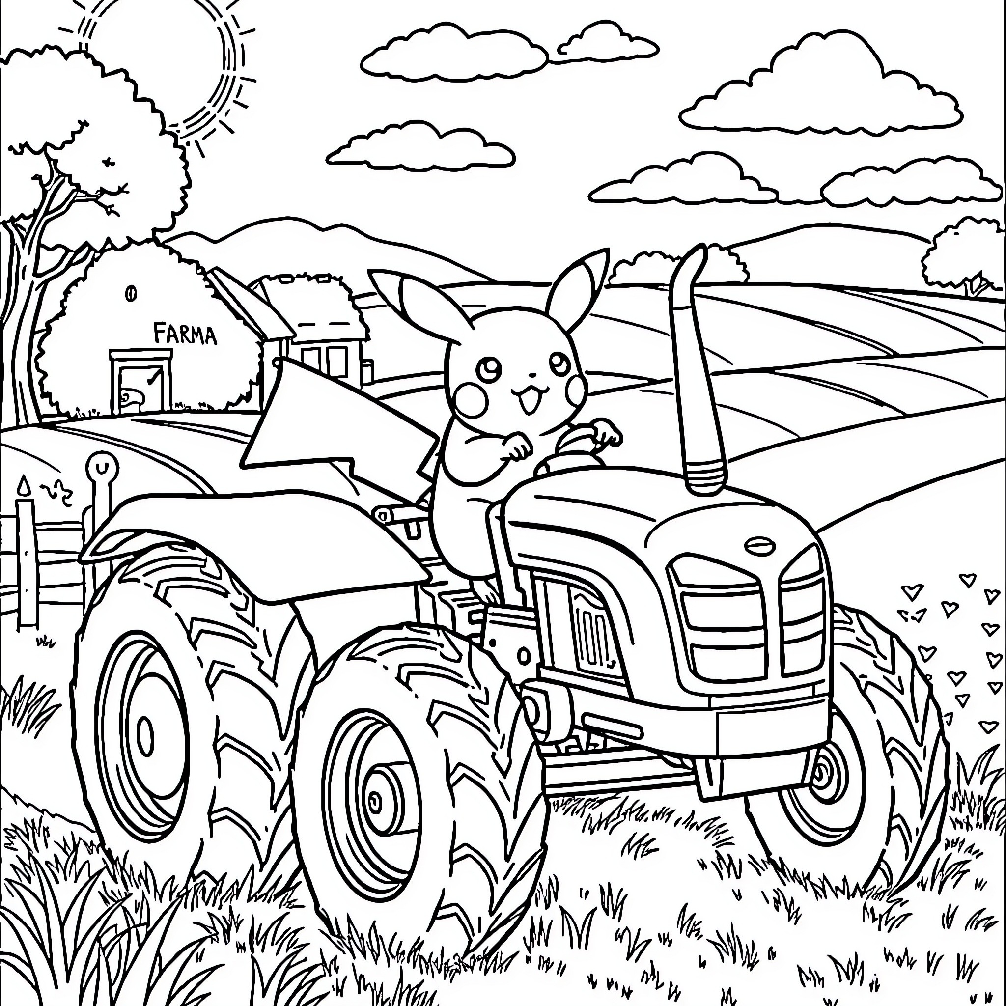 Pikachu driving a tractor in the countryside Coloring Page (free black-and-white line drawing printable PDF for all, from beginners to advanced learners, including children, teens, adults, and seniors)
