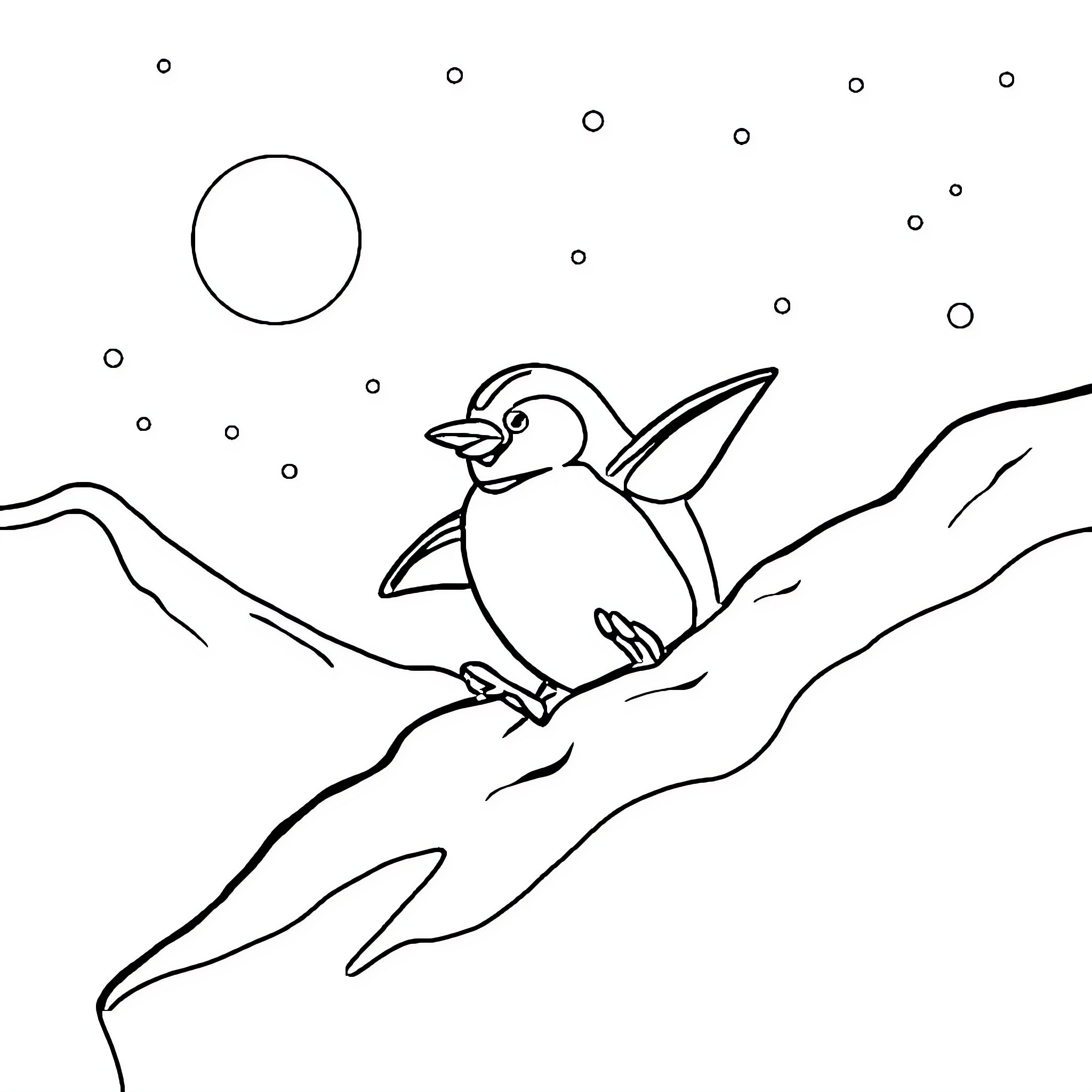Penguin perched on snowy branch Coloring Page (free black-and-white line drawing printable PDF for all, from beginners to advanced learners, including children, teens, adults, and seniors)