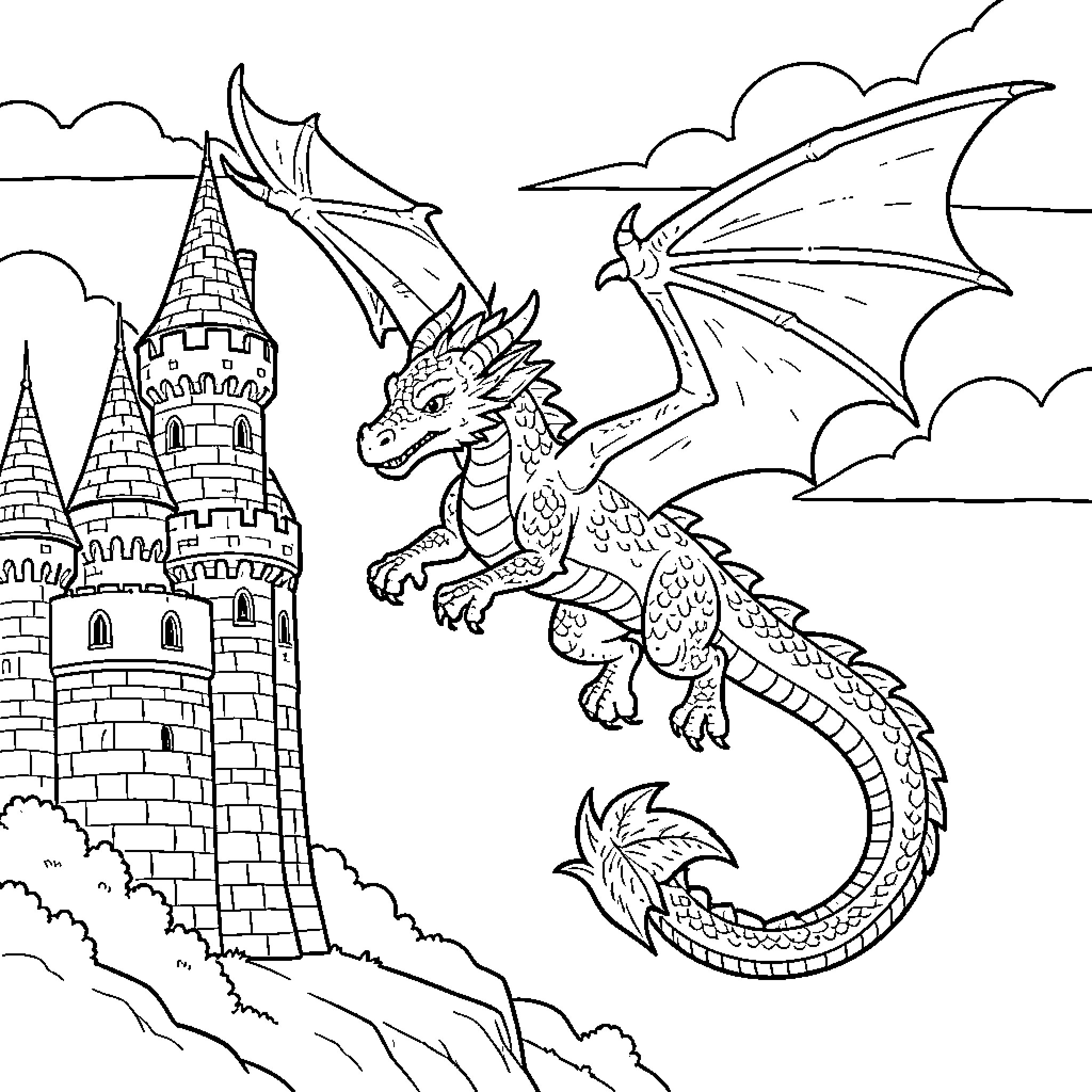 Dragon flying majestically near a tall castle Coloring Page (free black-and-white line drawing printable PDF for all, from beginners to advanced learners, including children, teens, adults, and seniors)