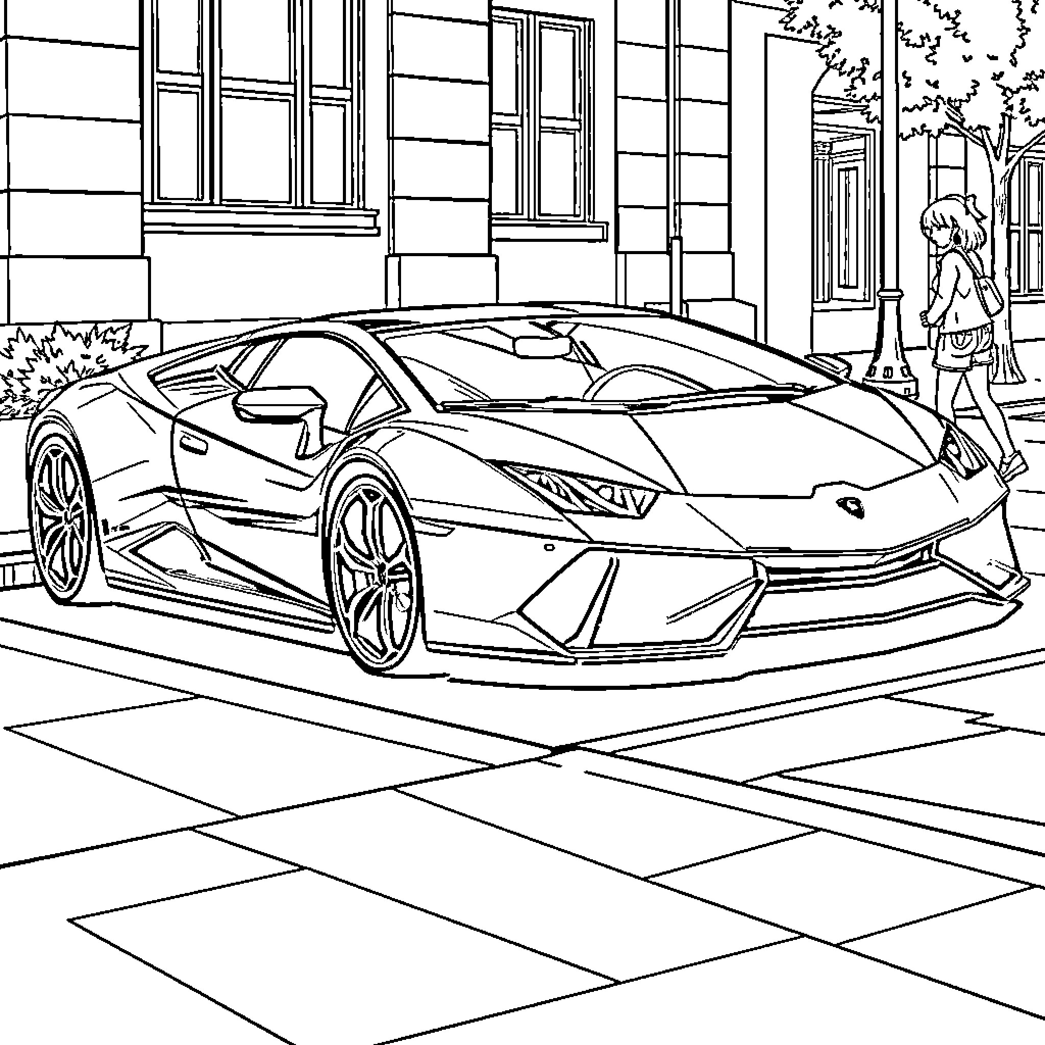 Lamborghini supercar on city street Coloring Page (free black-and-white line drawing printable PDF for all, from beginners to advanced learners, including children, teens, adults, and seniors)