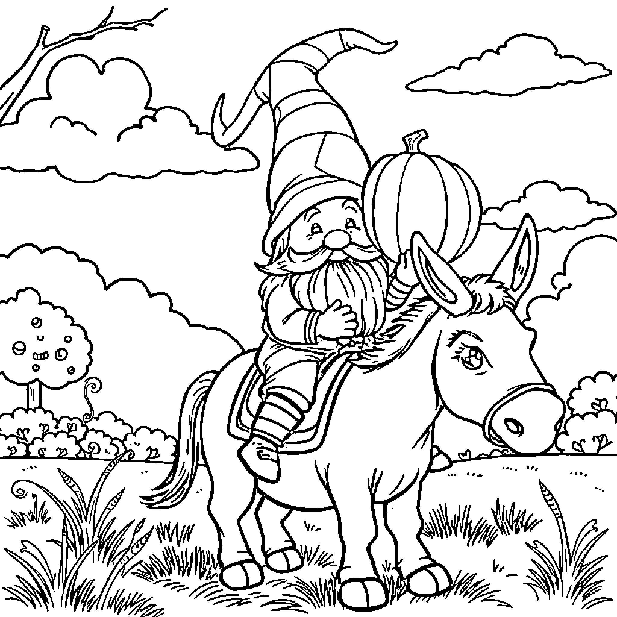 Gnome riding a donkey with a pumpkin Coloring Page (free black-and-white line drawing printable PDF for all, from beginners to advanced learners, including children, teens, adults, and seniors)