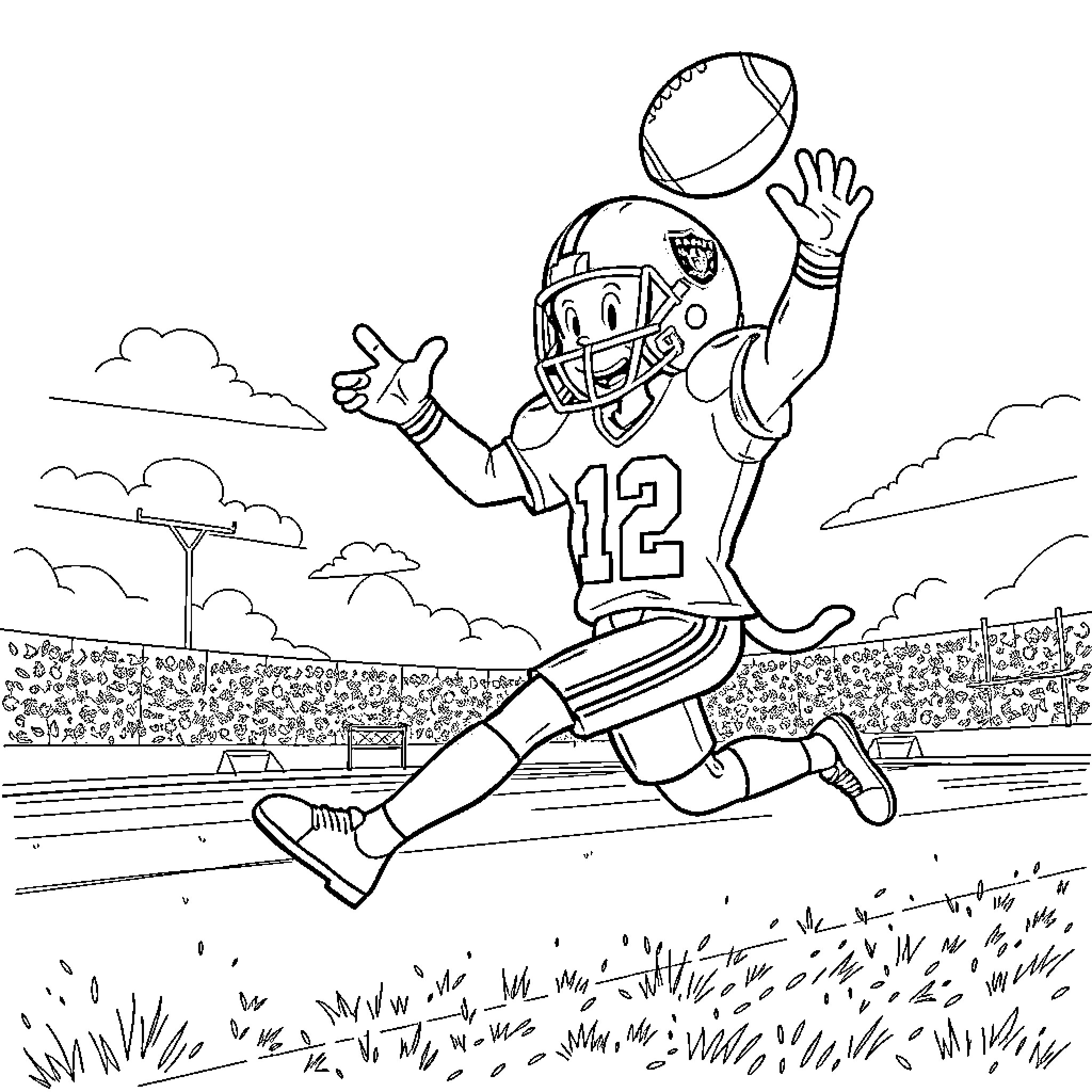 Raider Red Catches the Football at the Stadium Coloring Page (free black-and-white line drawing printable PDF for all, from beginners to advanced learners, including children, teens, adults, and seniors)