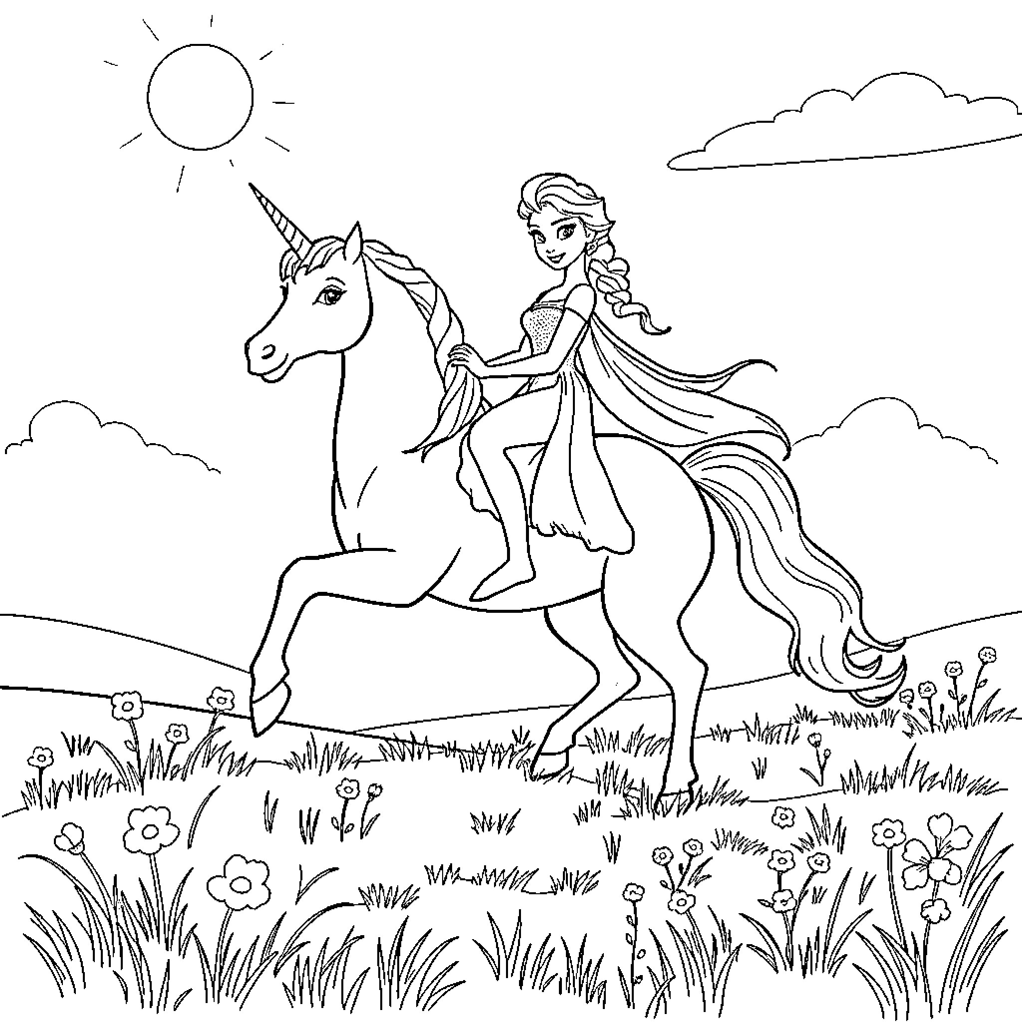 Elsa riding a unicorn through a magical meadow Coloring Page (free black-and-white line drawing printable PDF for all, from beginners to advanced learners, including children, teens, adults, and seniors)