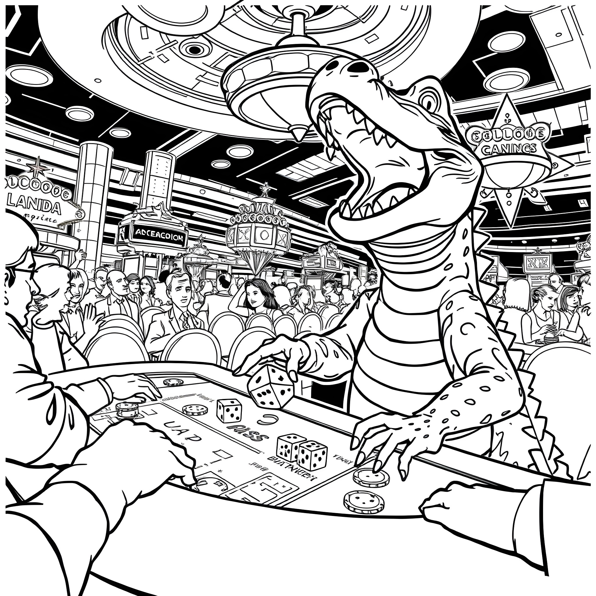 Alligator playing games in a crowded arcade Coloring Page (free black-and-white line drawing printable PDF for all, from beginners to advanced learners, including children, teens, adults, and seniors)