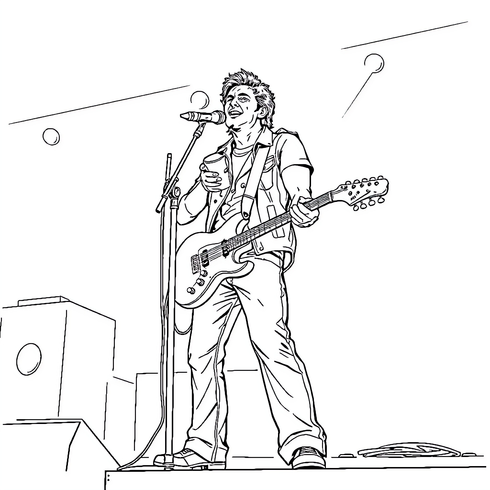 Frontman Performing Passionately on Stage Coloring Page (free black-and-white line drawing printable PDF for all, from beginners to advanced learners, including children, teens, adults, and seniors)