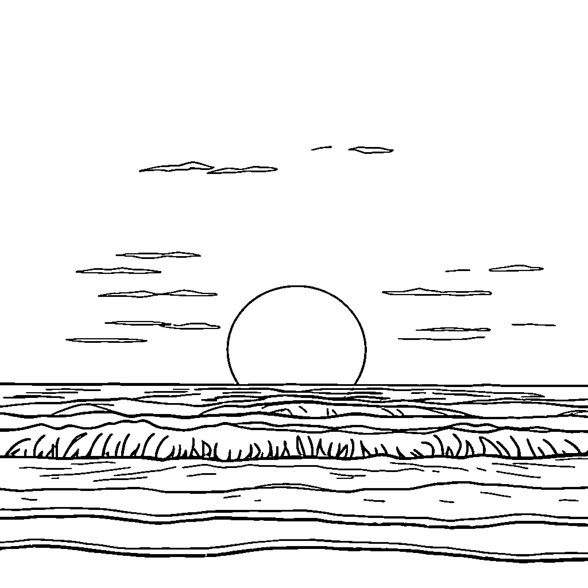 Sun rising over the peaceful ocean Coloring Page (free black-and-white line drawing printable PDF for all, from beginners to advanced learners, including children, teens, adults, and seniors)