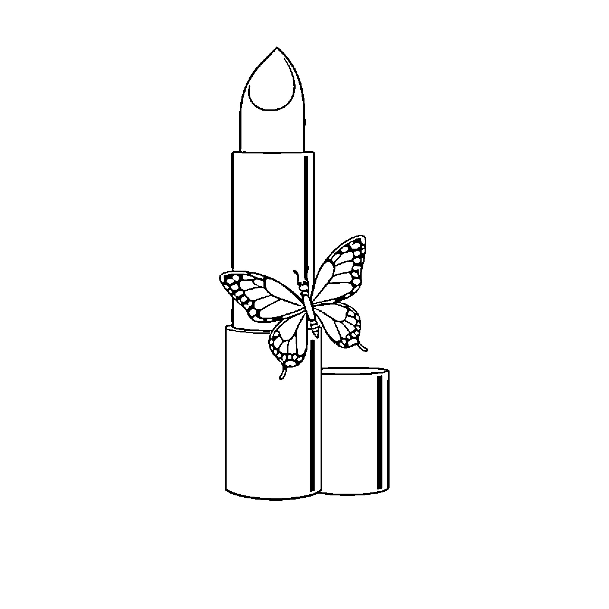 Lipstick with Butterfly Embellishment Coloring Page (free black-and-white line drawing printable PDF for all, from beginners to advanced learners, including children, teens, adults, and seniors)