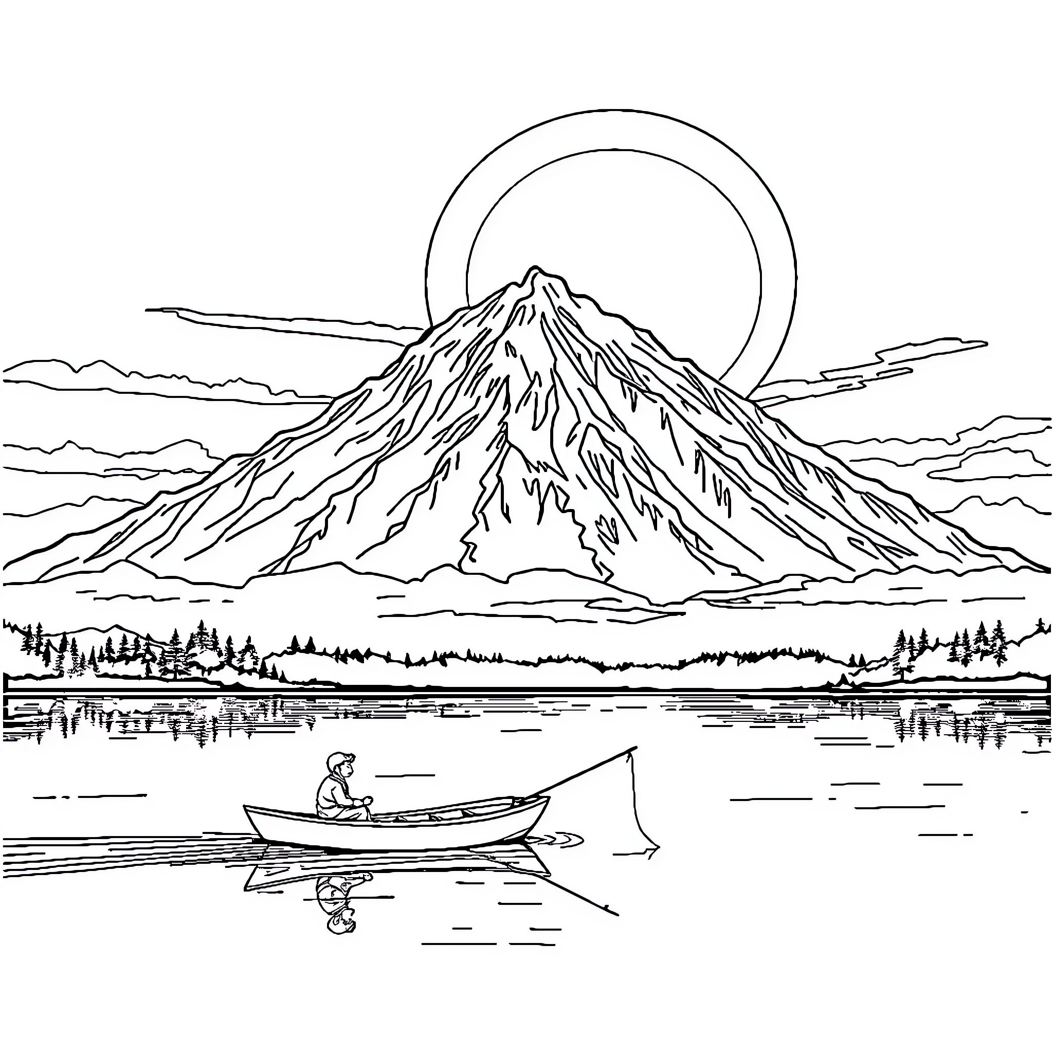 Lago Serene Fishing Adventure Coloring Page (free black-and-white line drawing printable PDF for all, from beginners to advanced learners, including children, teens, adults, and seniors)