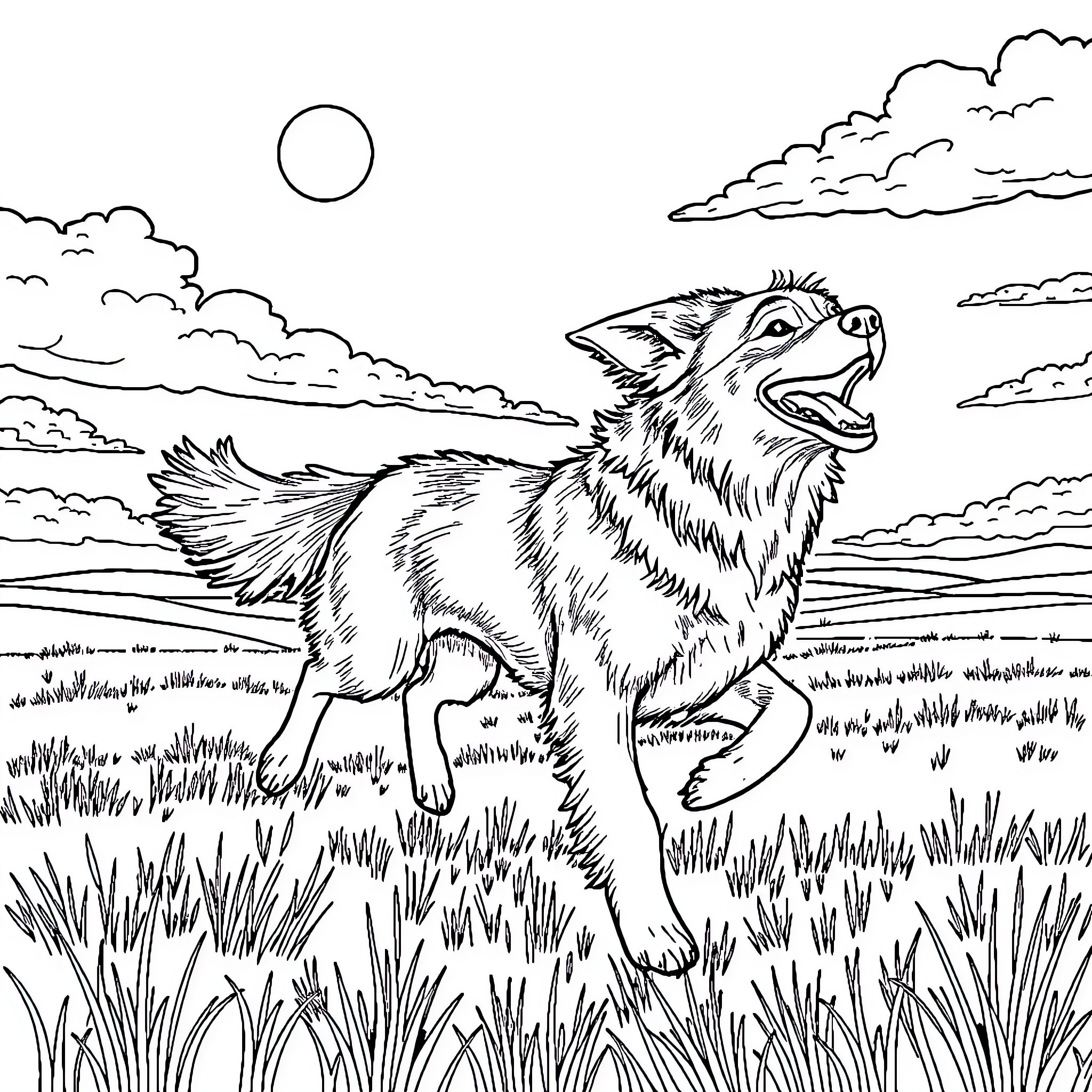 Dog running happily in a grassy field Coloring Page (free black-and-white line drawing printable PDF for all, from beginners to advanced learners, including children, teens, adults, and seniors)