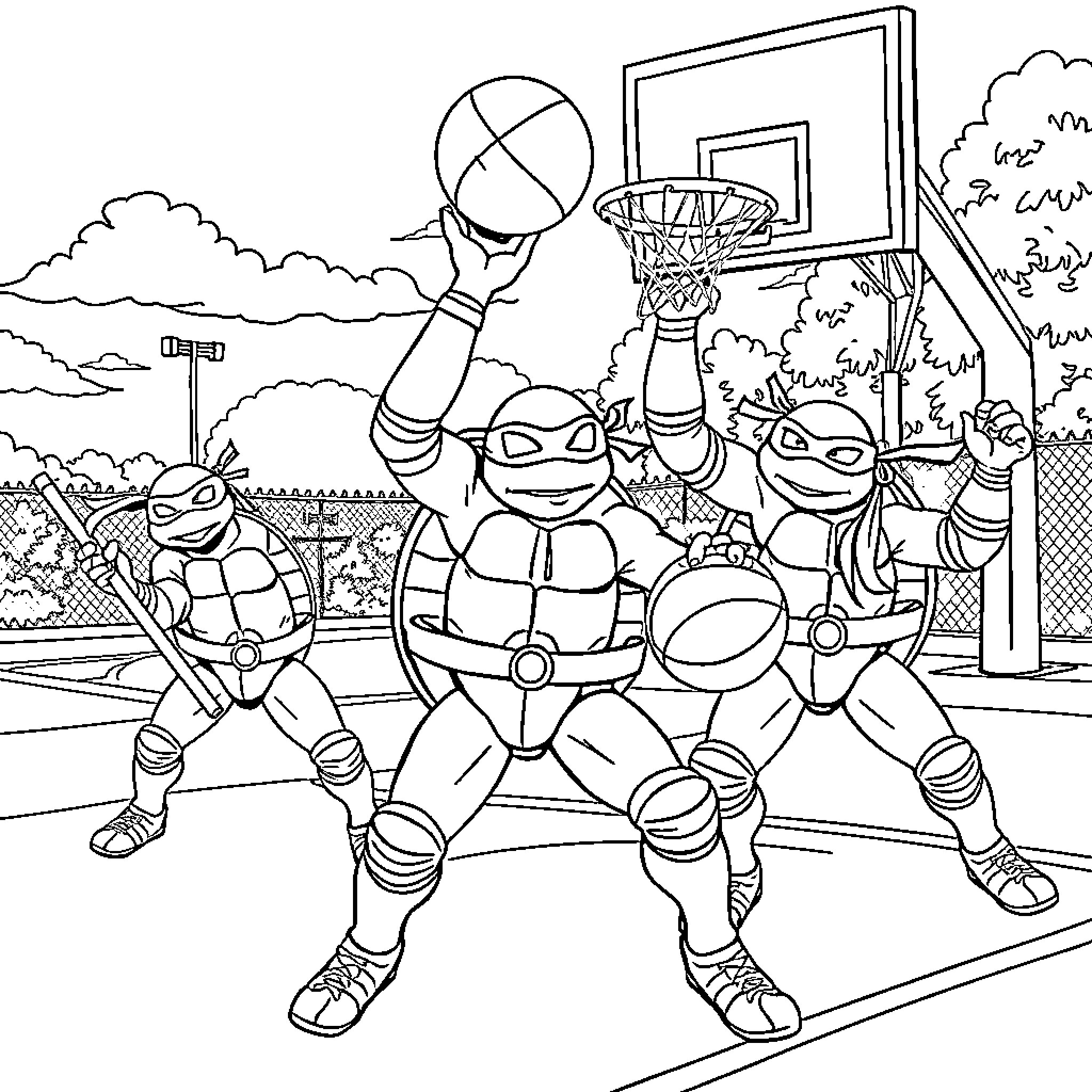 Ninja Turtles Playing Basketball on the Court Coloring Page (free black-and-white line drawing printable PDF for all, from beginners to advanced learners, including children, teens, adults, and seniors)
