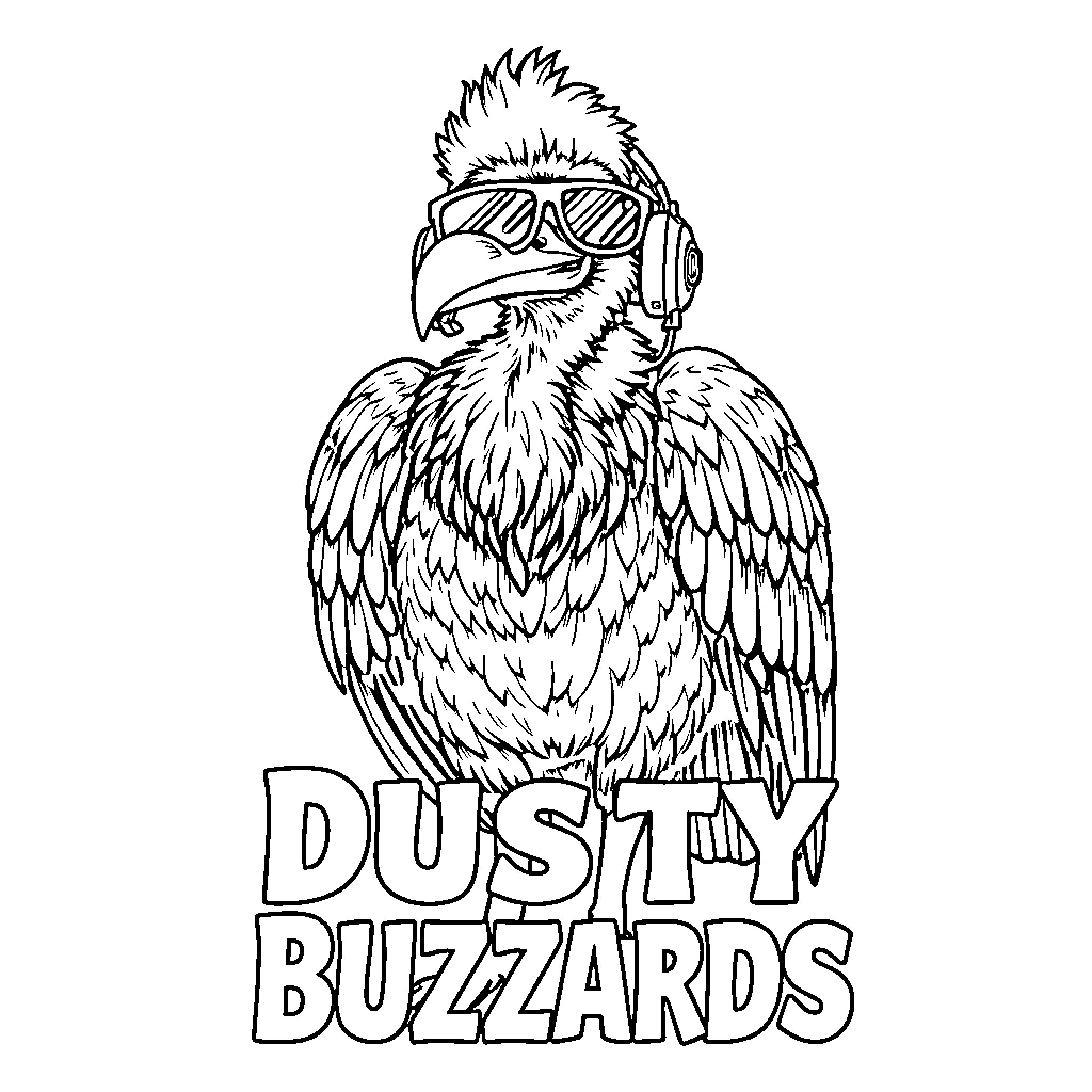 Vulture wearing sunglasses and bandana Coloring Page (free black-and-white line drawing printable PDF for all, from beginners to advanced learners, including children, teens, adults, and seniors)
