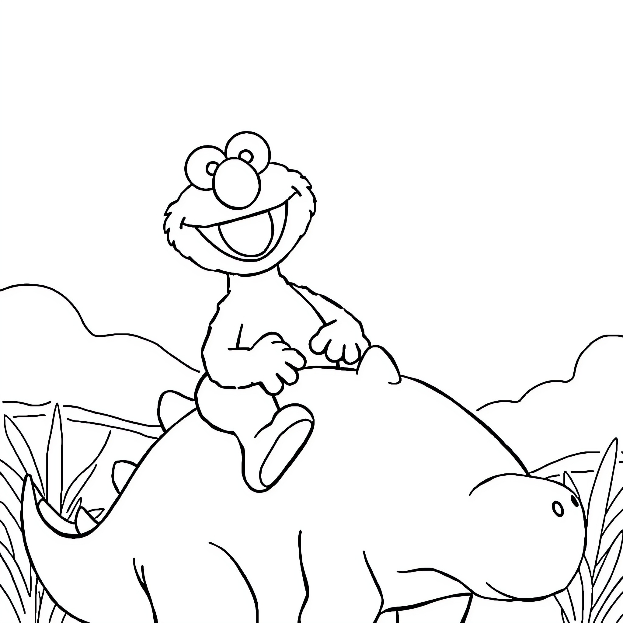 Elmo playing happily with a large fish Coloring Page (free black-and-white line drawing printable PDF for all, from beginners to advanced learners, including children, teens, adults, and seniors)