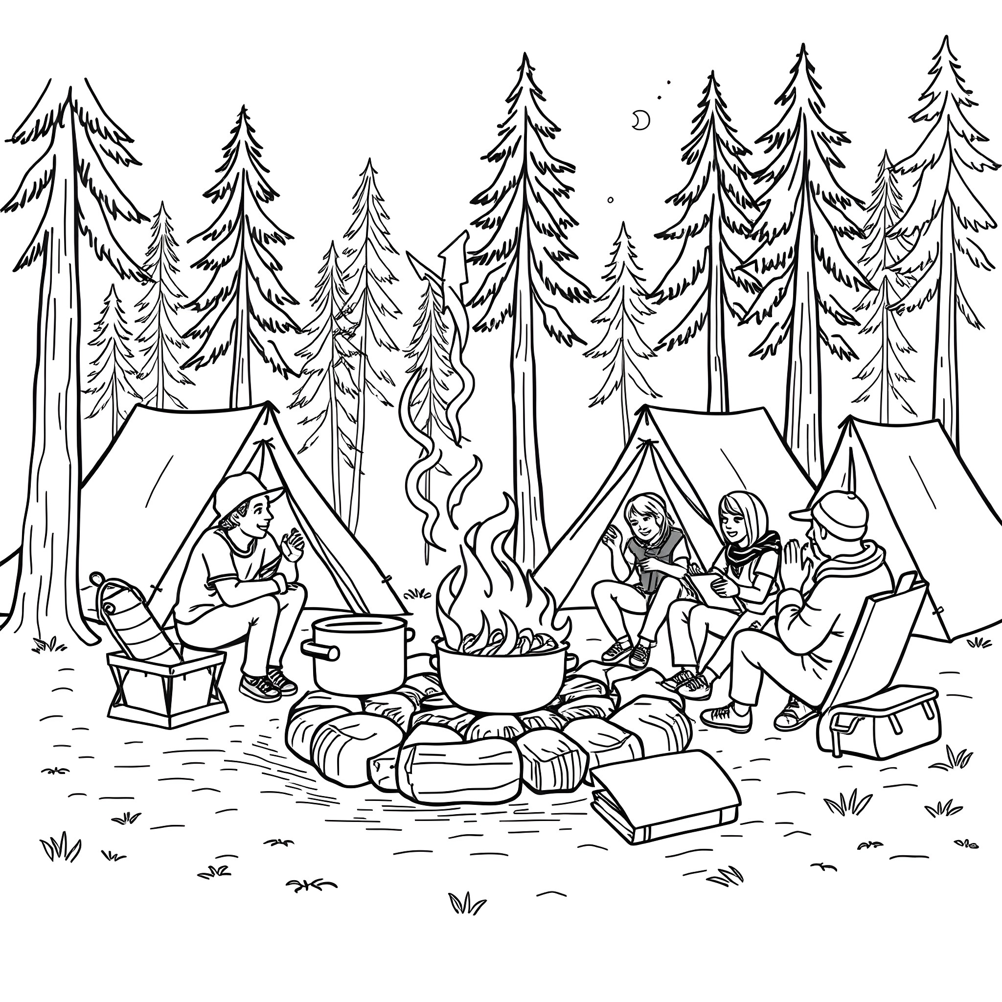 Friends enjoying outdoor camping in the forest Coloring Page (free black-and-white line drawing printable PDF for all, from beginners to advanced learners, including children, teens, adults, and seniors)