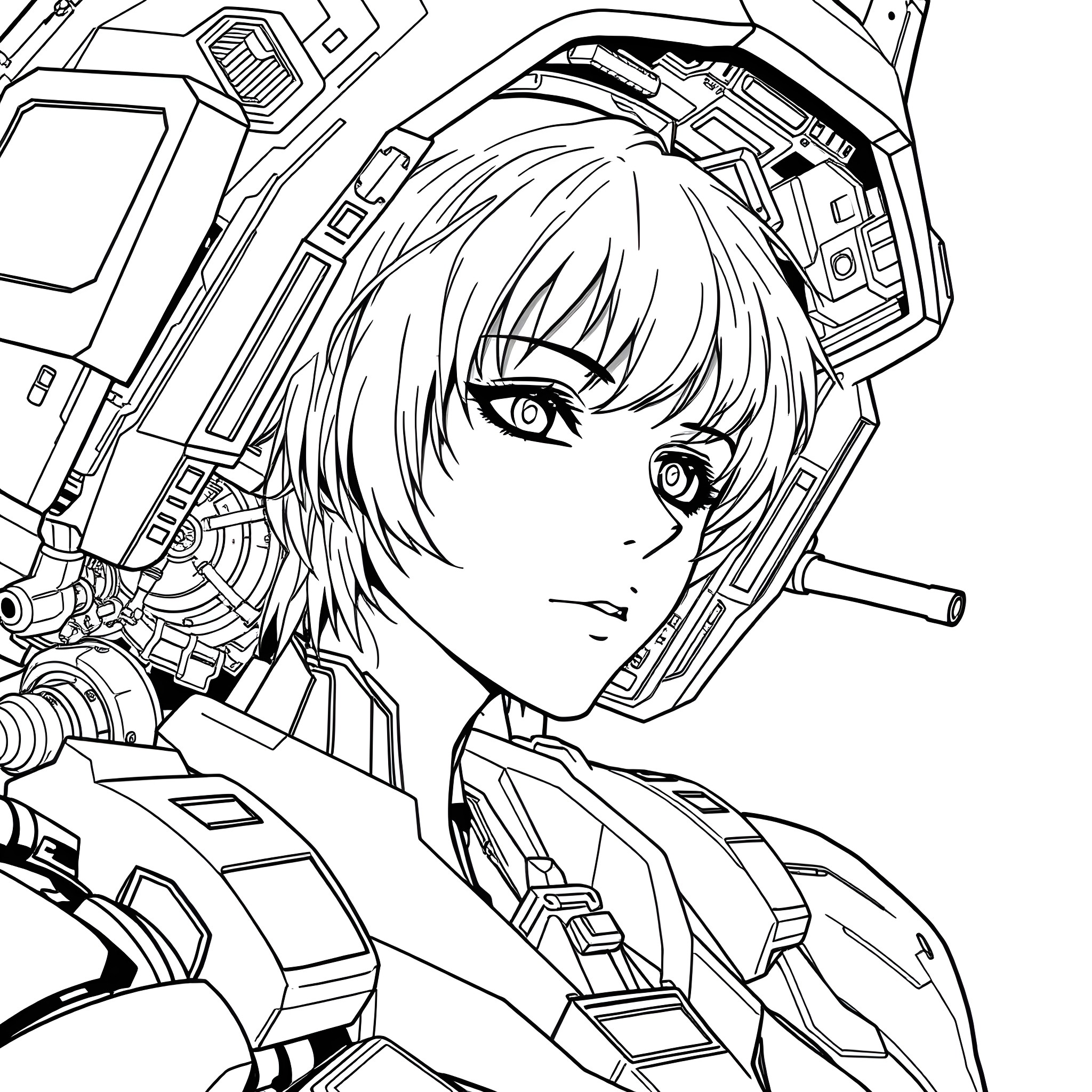 Rei Ayanami in a futuristic mech suit Coloring Page (free black-and-white line drawing printable PDF for all, from beginners to advanced learners, including children, teens, adults, and seniors)