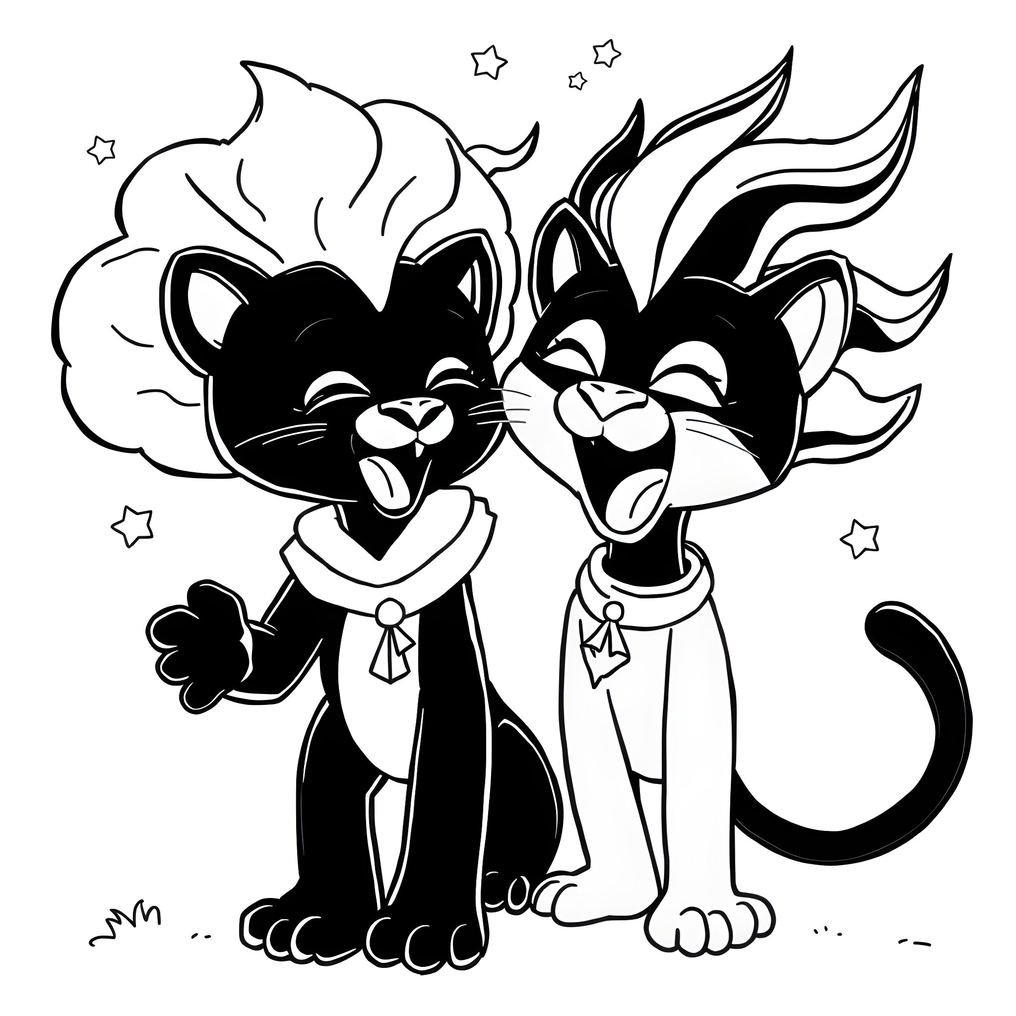 Panther characters in playful poses with stars Coloring Page (free black-and-white line drawing printable PDF for all, from beginners to advanced learners, including children, teens, adults, and seniors)