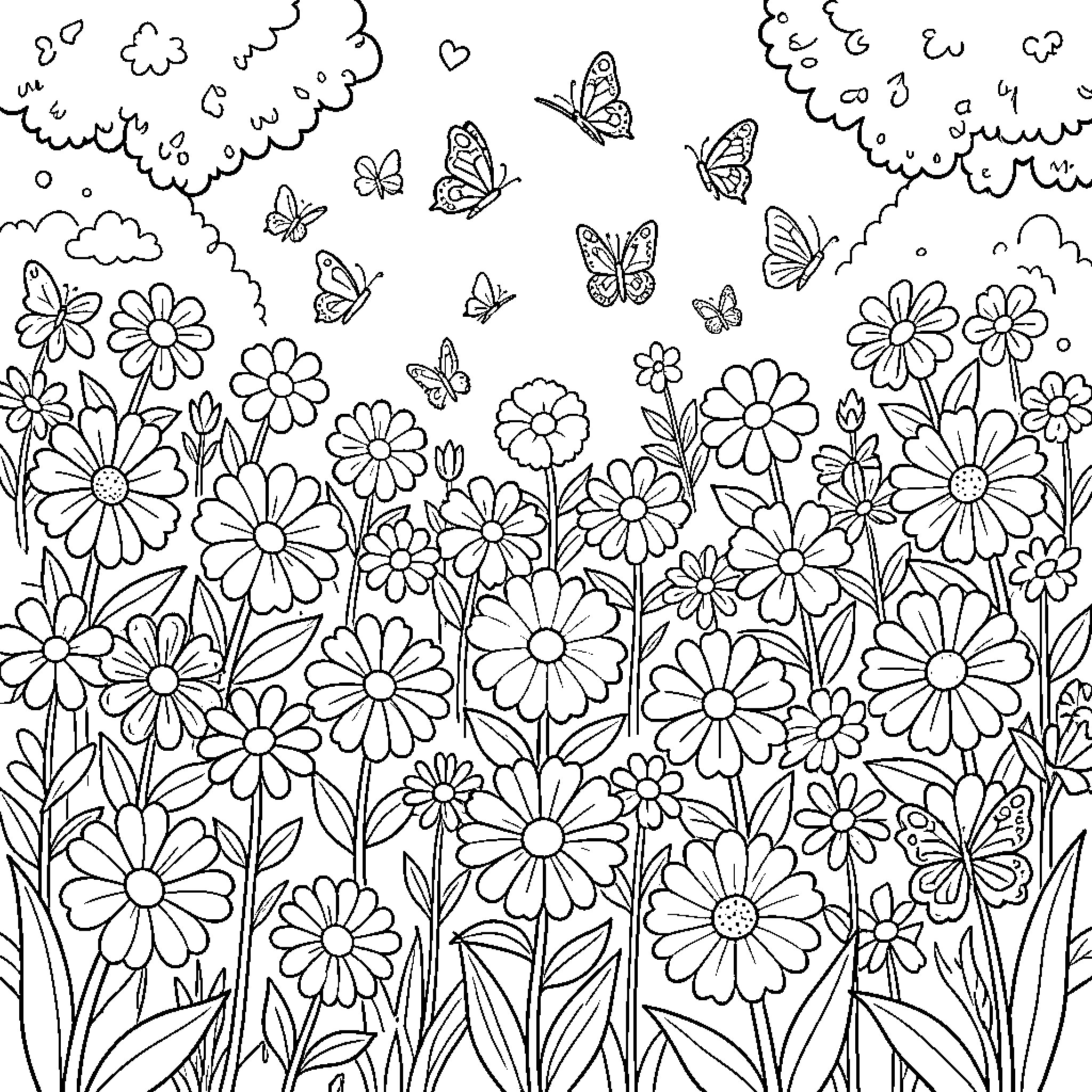 Flower Field with Fluttering Butterflies Coloring Page (free black-and-white line drawing printable PDF for all, from beginners to advanced learners, including children, teens, adults, and seniors)