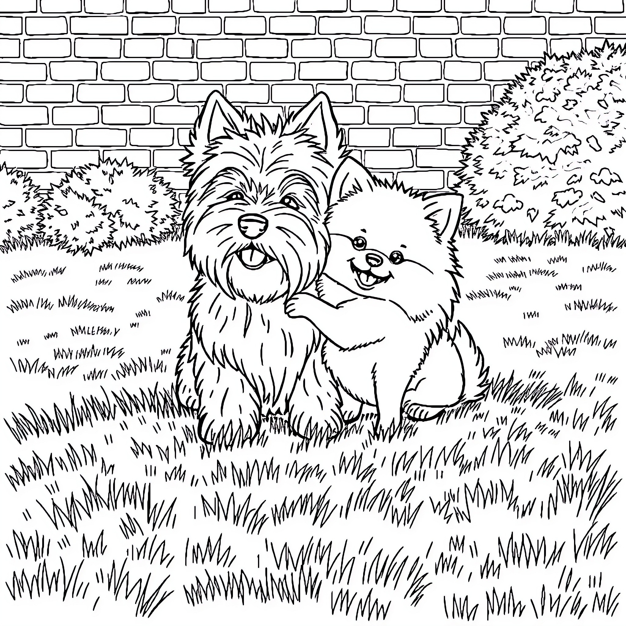 Dog Companions Playing in the Grass Coloring Page (free black-and-white line drawing printable PDF for all, from beginners to advanced learners, including children, teens, adults, and seniors)
