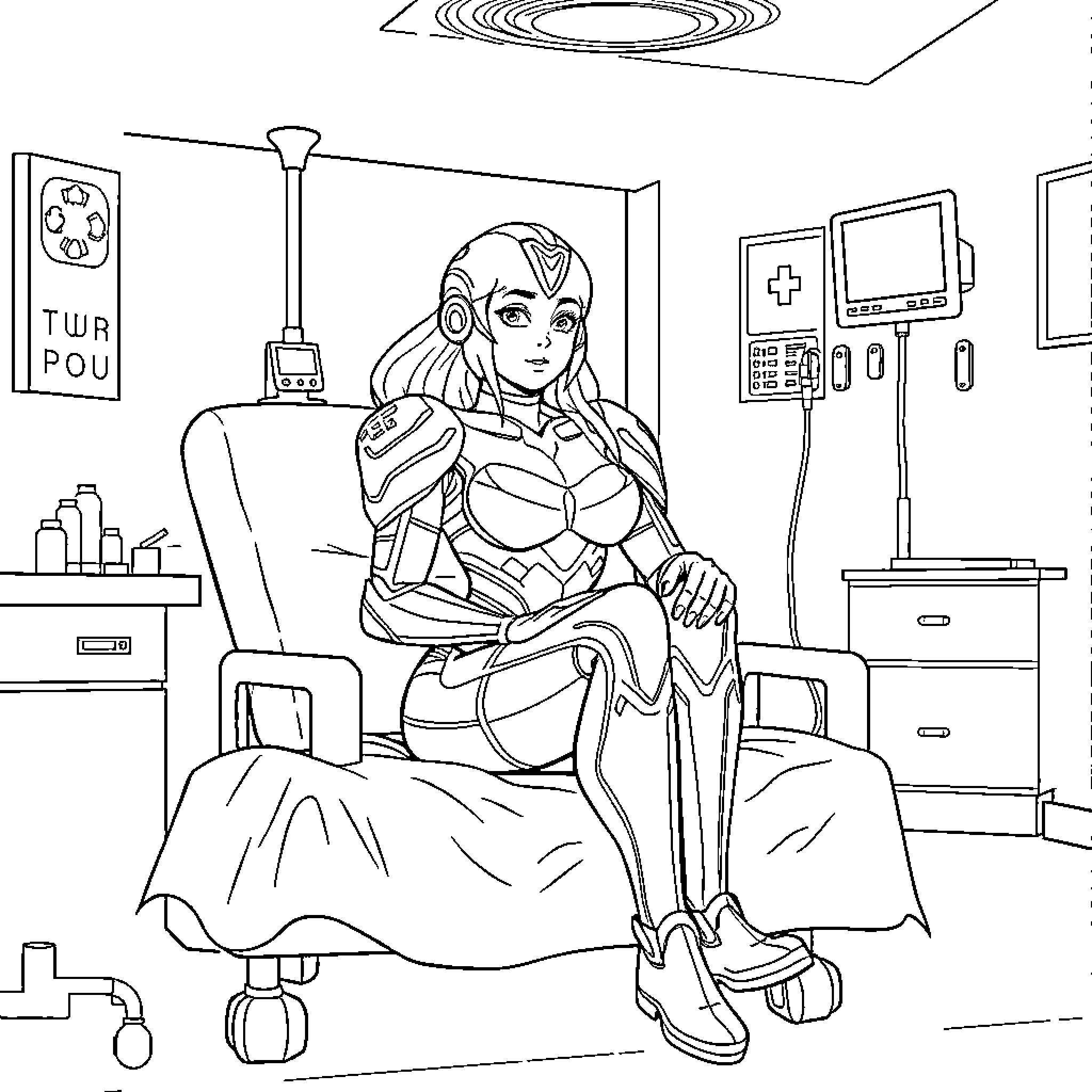 Samus resting in a medical facility Coloring Page (free black-and-white line drawing printable PDF for all, from beginners to advanced learners, including children, teens, adults, and seniors)