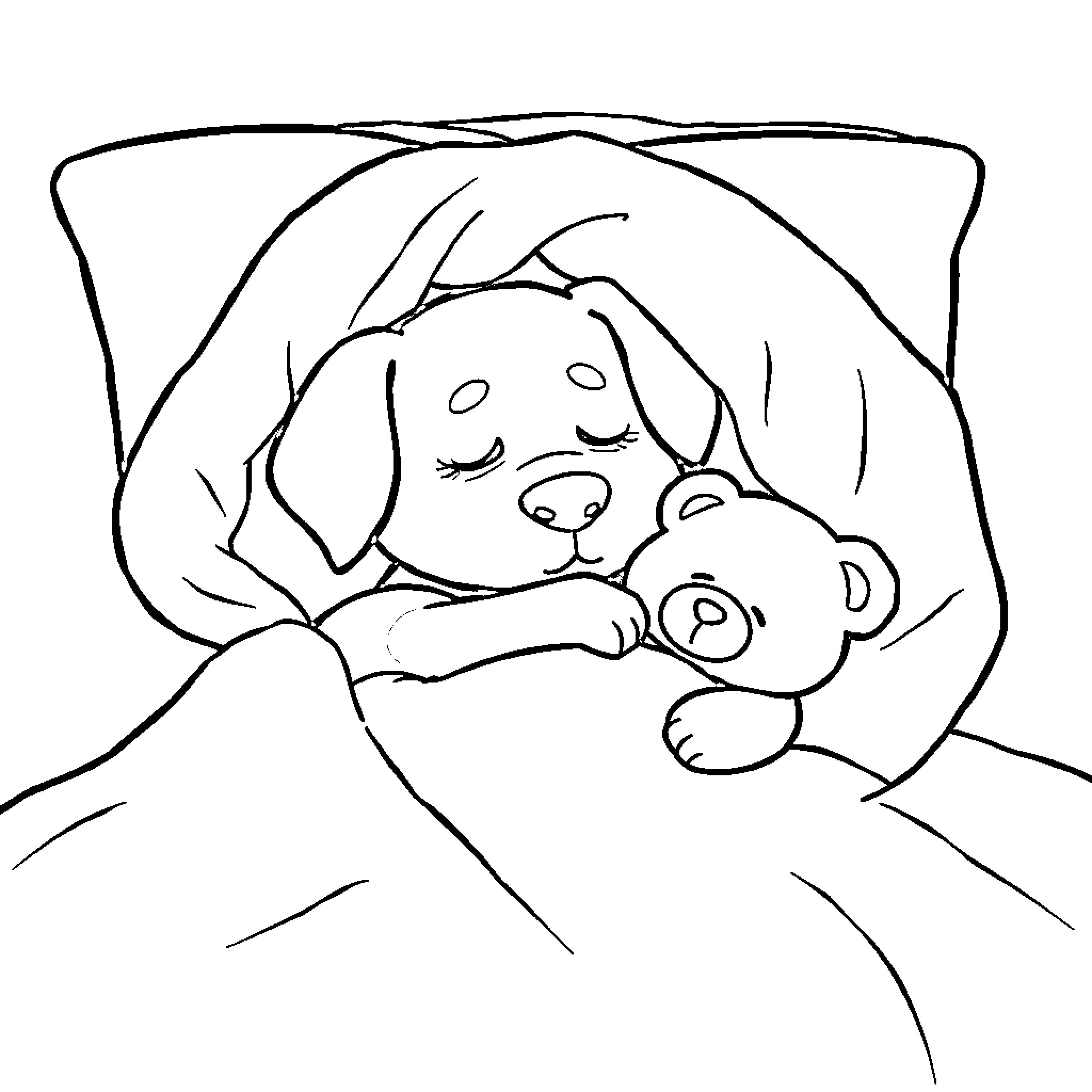 Bluey snuggling with a stuffed toy on the bed Coloring Page (free black-and-white line drawing printable PDF for all, from beginners to advanced learners, including children, teens, adults, and seniors)