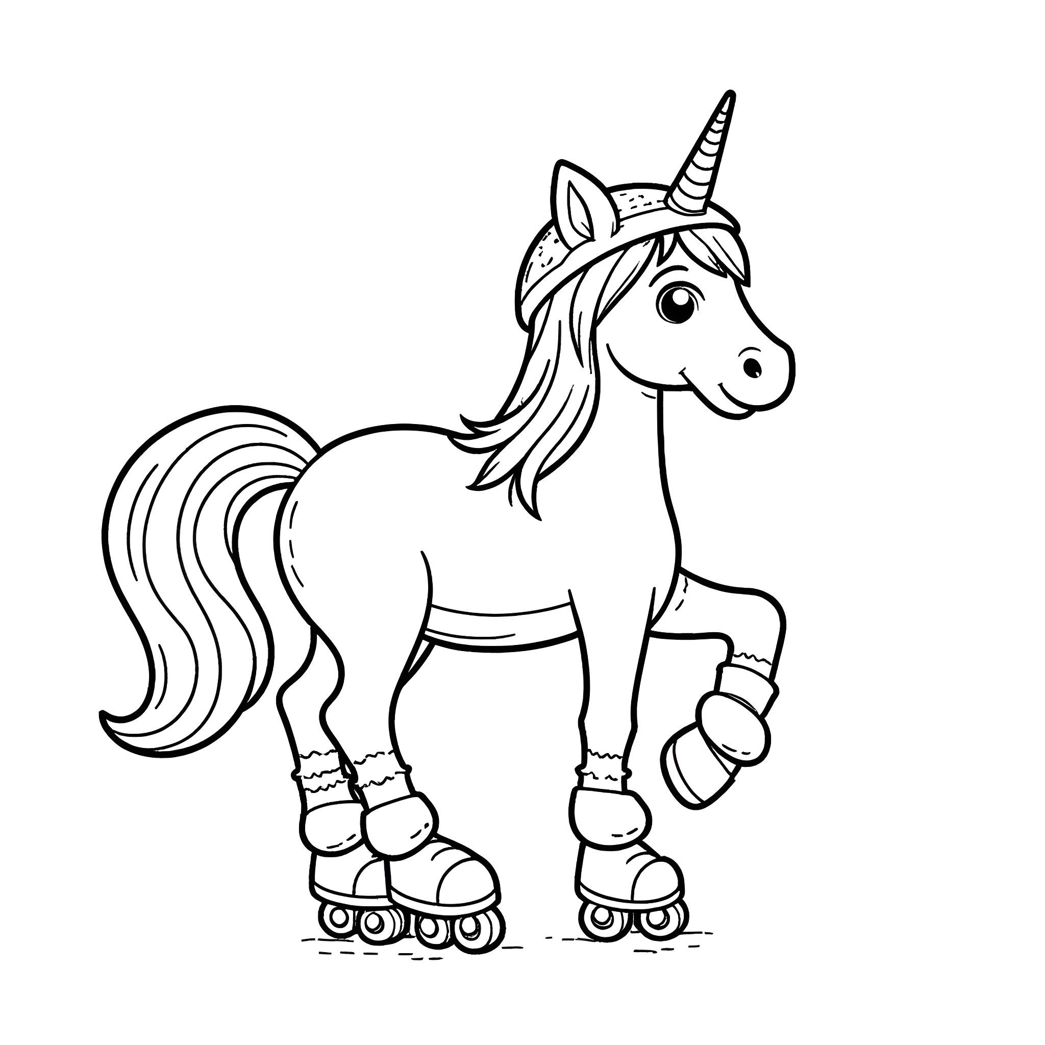 Unicorn riding on roller skates Coloring Page (free black-and-white line drawing printable PDF for all, from beginners to advanced learners, including children, teens, adults, and seniors)